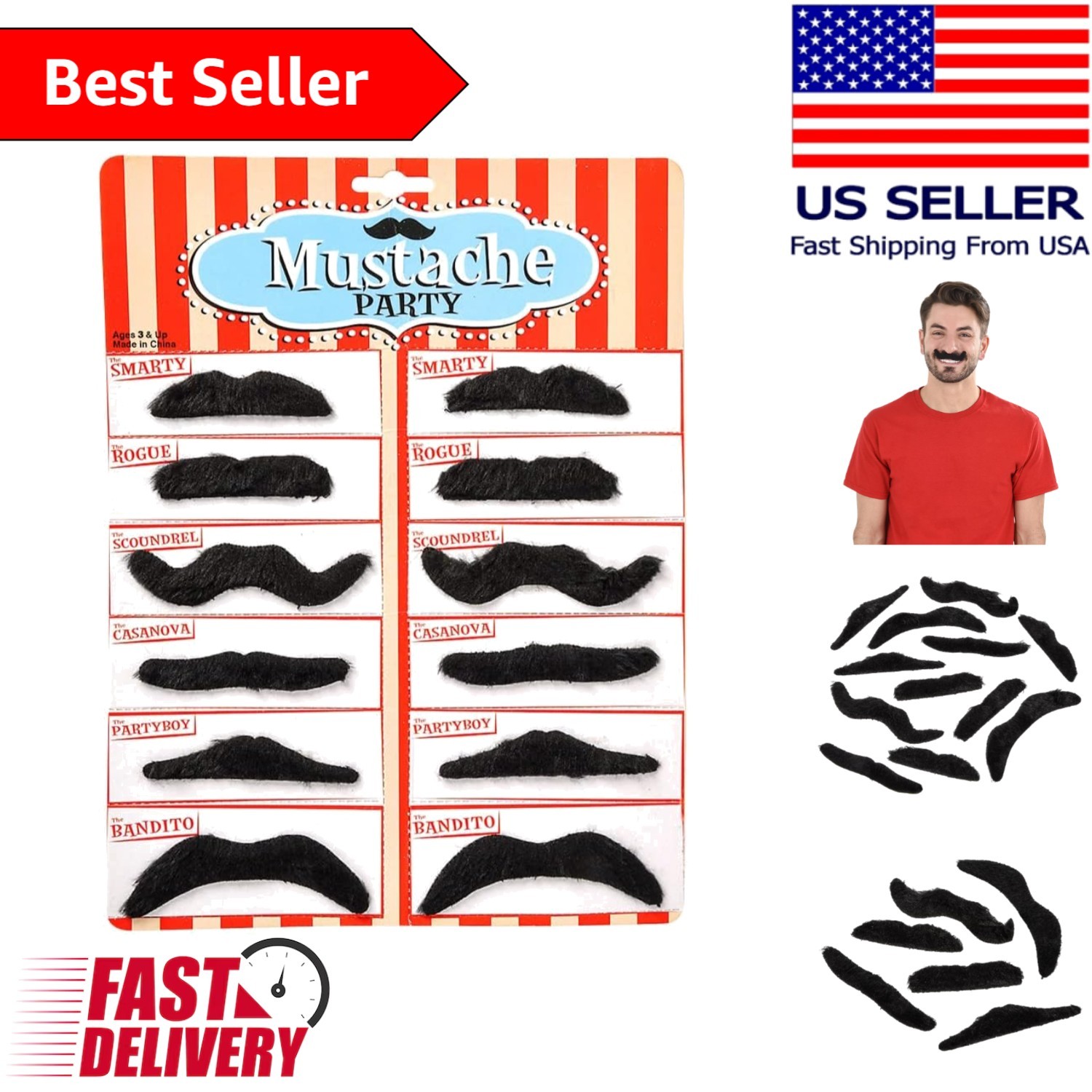 3.5″ Peel-and-Stick Fake Mustaches – 12 Fun Styles for Every Occasion