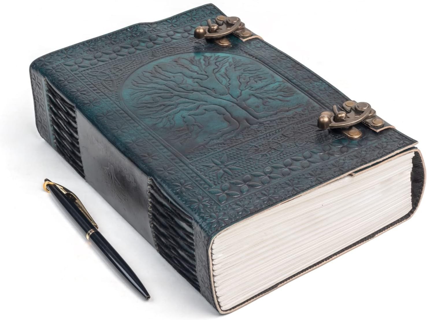 TUZECH 600-Page Tree of Life Leather Journal, 7×10 Green Grimoire Notebook
