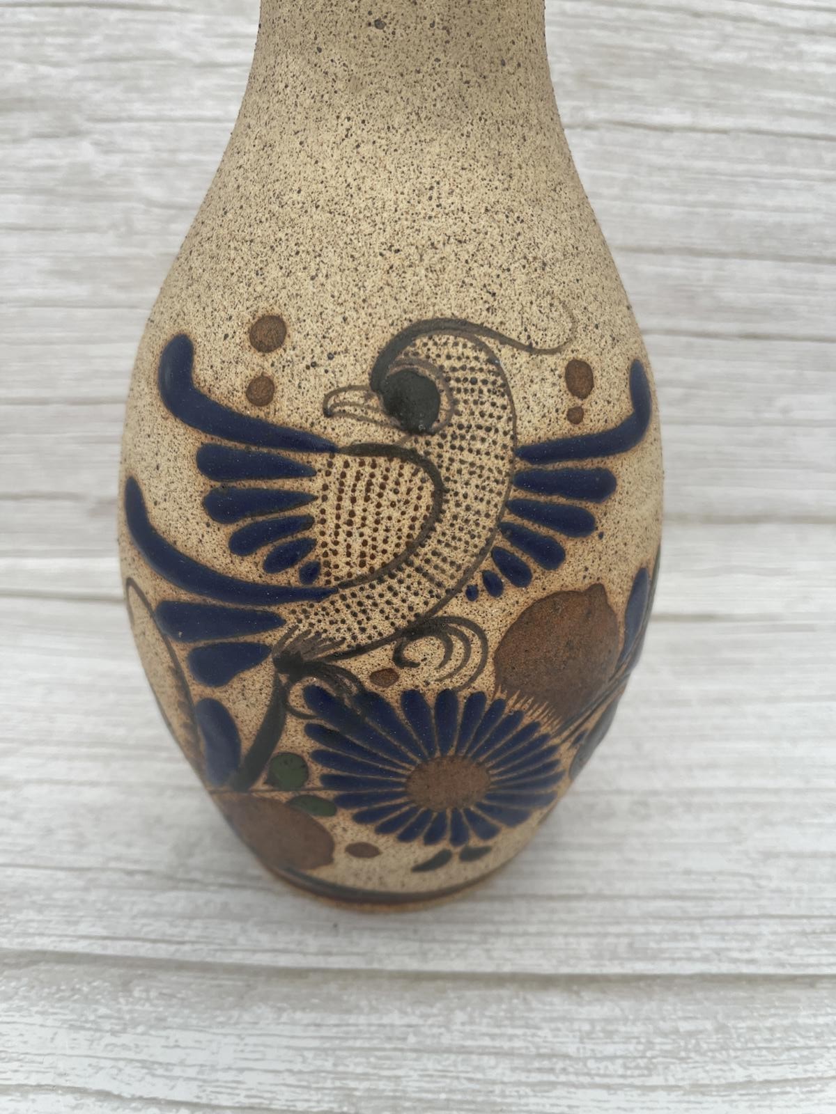 VTG Tonala Mexico Signed Pottery Pitcher Bird Flowers Blue Hand Painted Vase