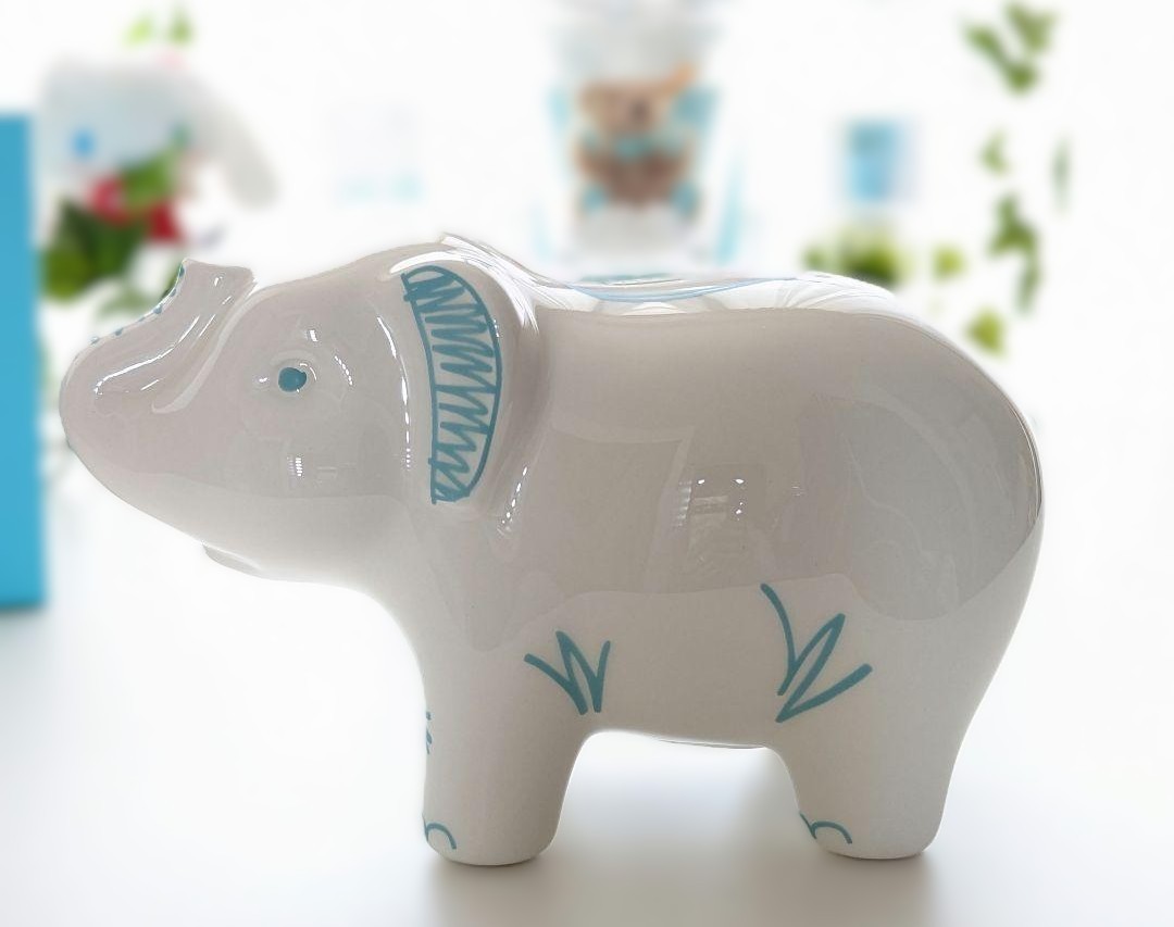 Ceramic Elephant Piggy Bank Ivory Blue Hand Painted w/ Box Ornament Decor