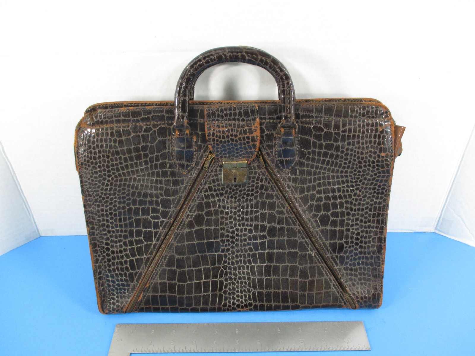 Antique Brown Crocodile Briefcase Bag Satchel Laptop Case Zippers VS13