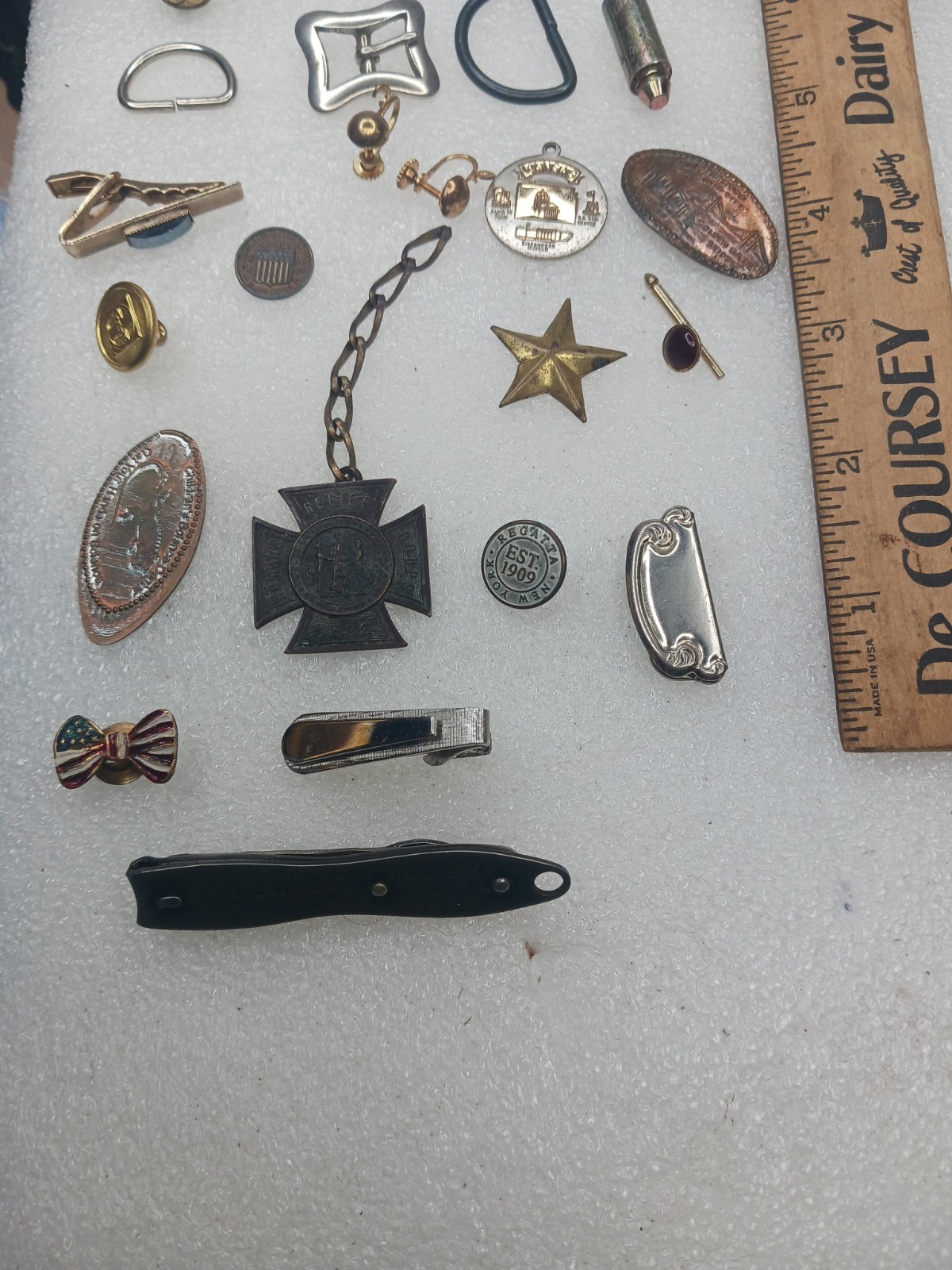 Vintage Junk Drawer Lot Military Medal Pins Tokens Tie Clips Coins Gem Jr…