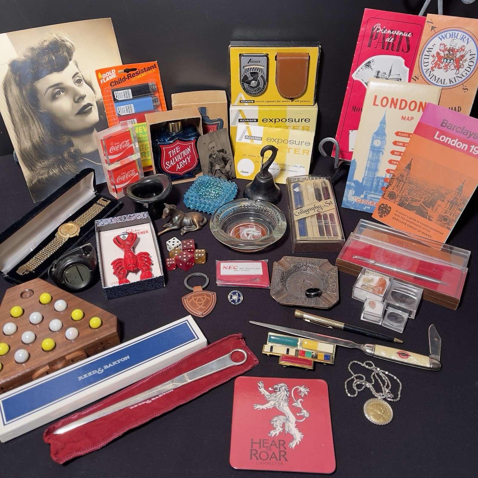 Antique Vintage TREASURE JUNK DRAWER Lot $$ Watches 👑 Pens Maps Stamps P-Mortem