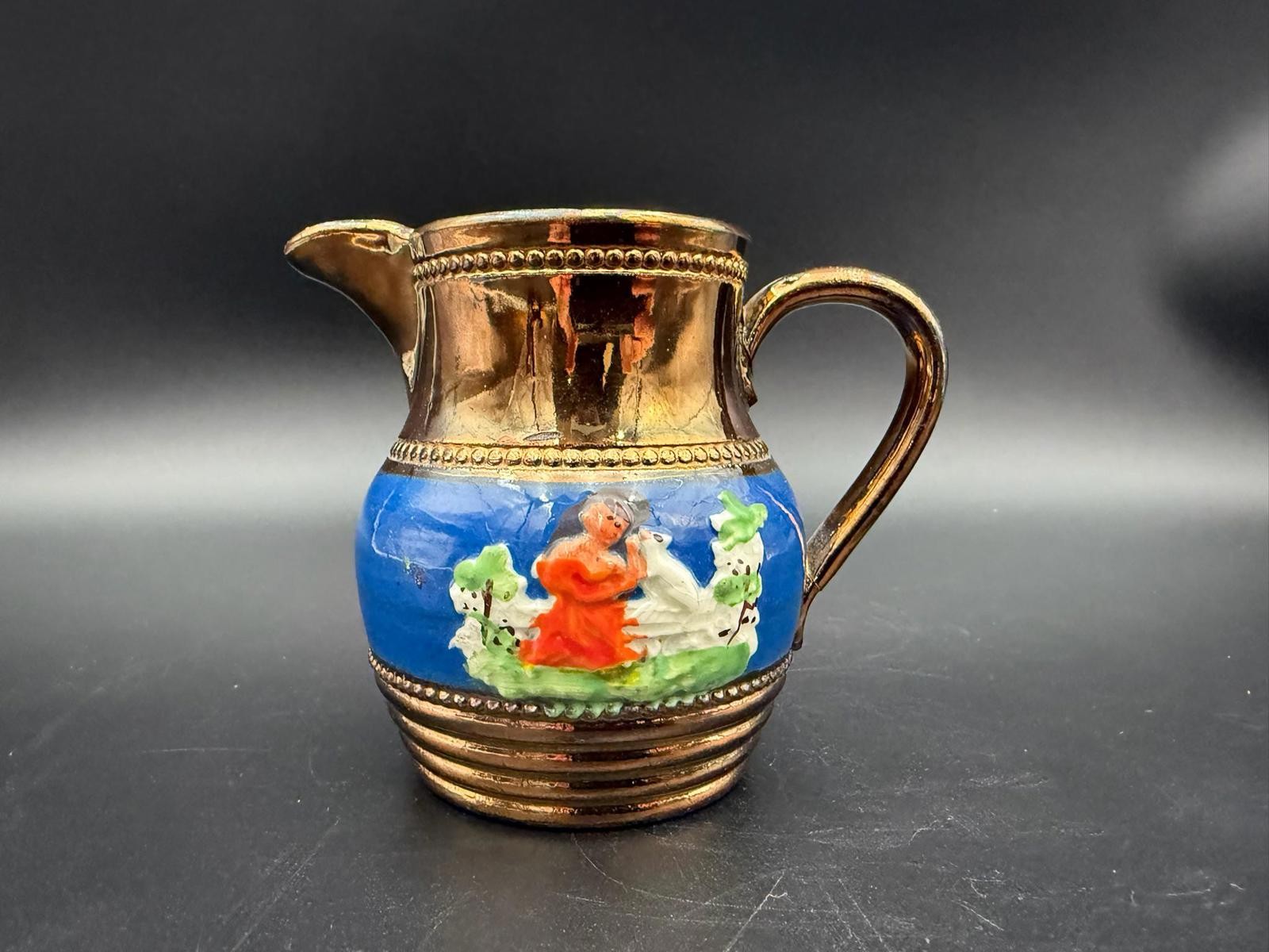 Antique Copper Lustreware Creamer – Girl with White Dog, English Pottery, 4”