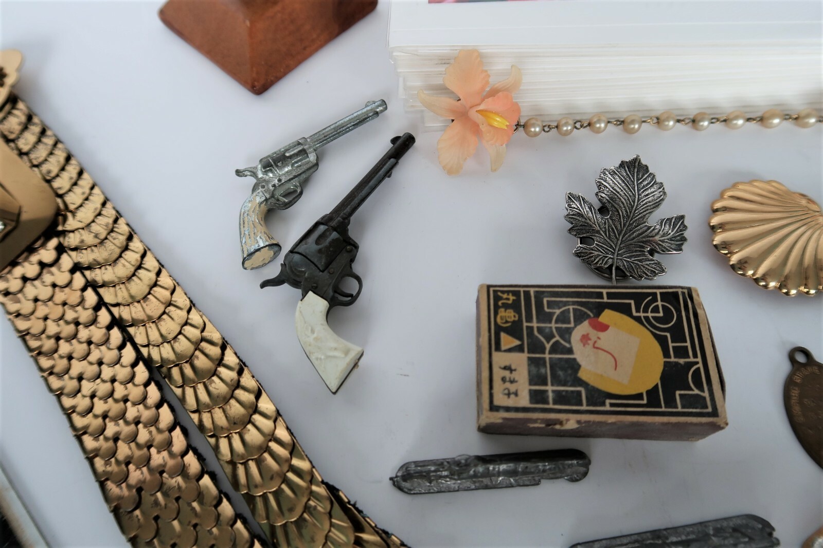 Junk Drawer Lot Belt, Rosary, Slides, Fan, Seth Thomas Clock, Vtg Ad Tins & More