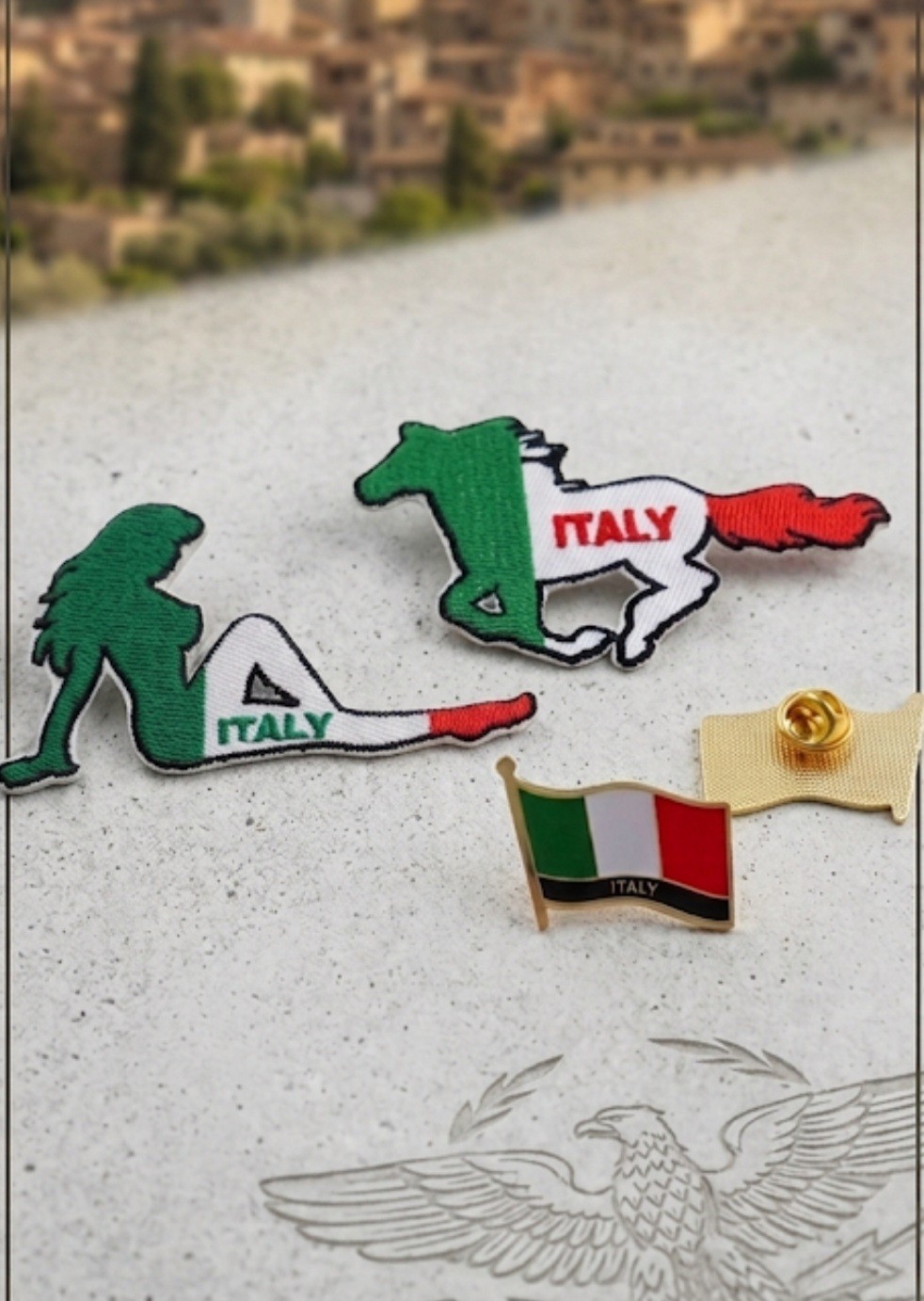 Italian Flag Embroidered Patches & Enamel Pin – Set of (3).