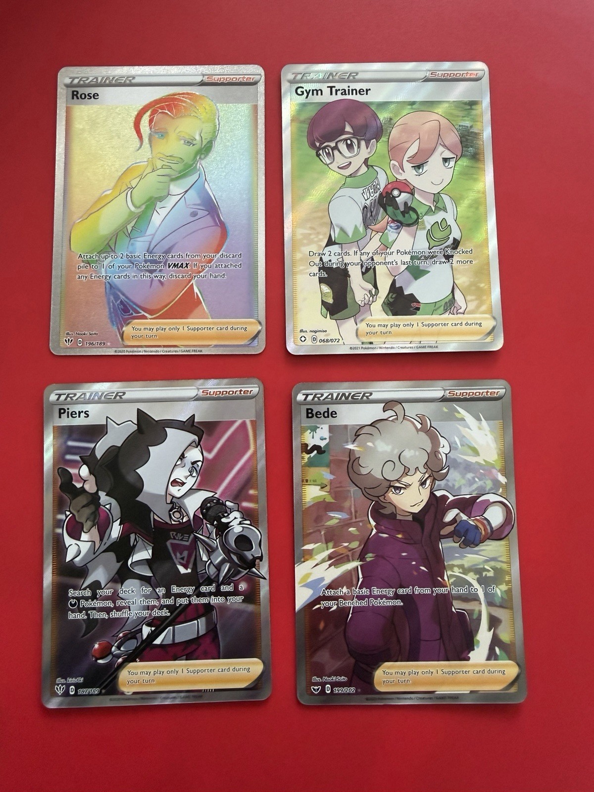 Pokemon Trainer Card Full Art Rose 196/189 Rainbow Rare. Gym Trainer 0/68 4x LOT