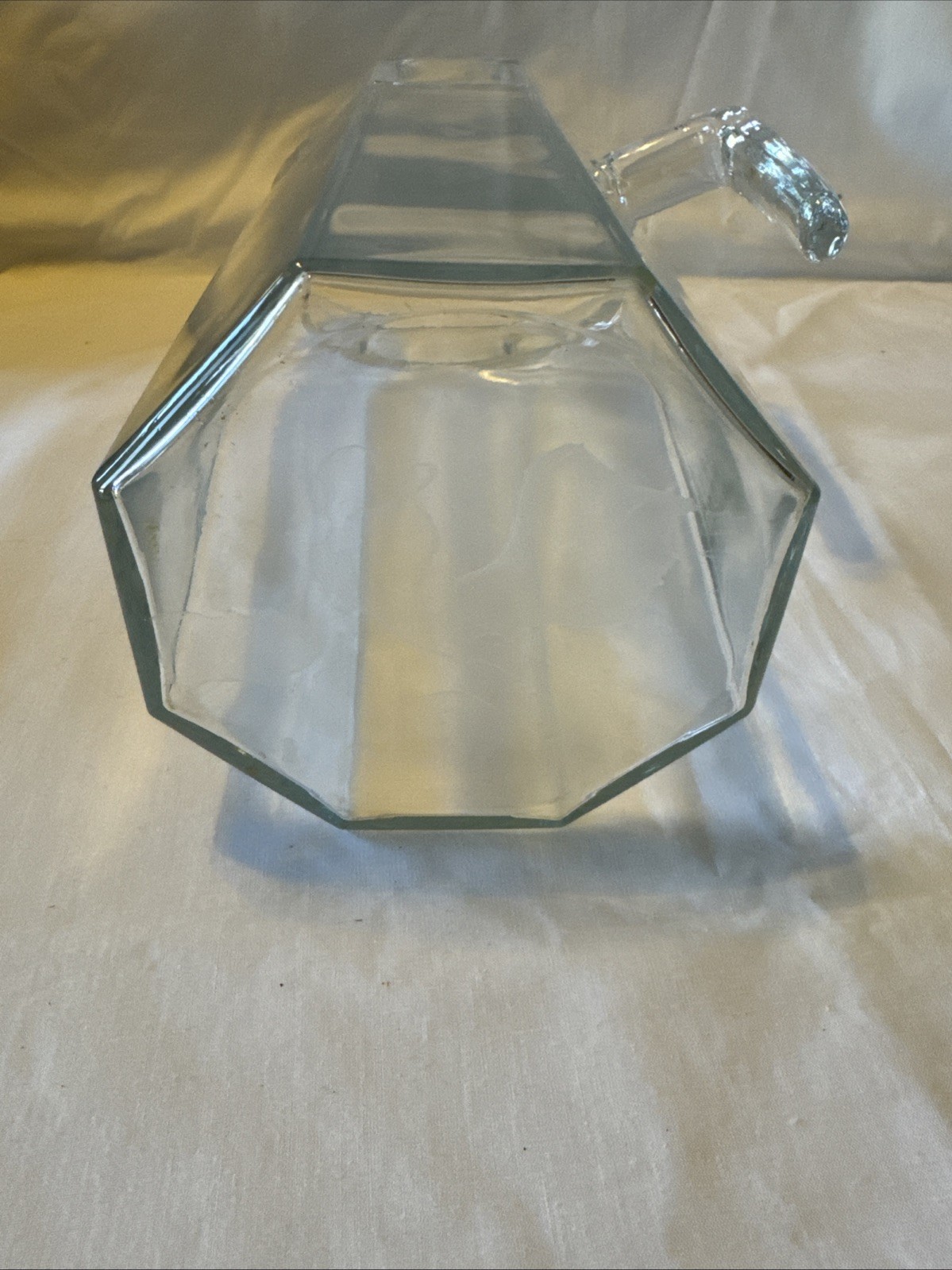 Vintage Pasabahce Turkey Clear Glass Pitcher with Green Lid 7 Sides 9″
