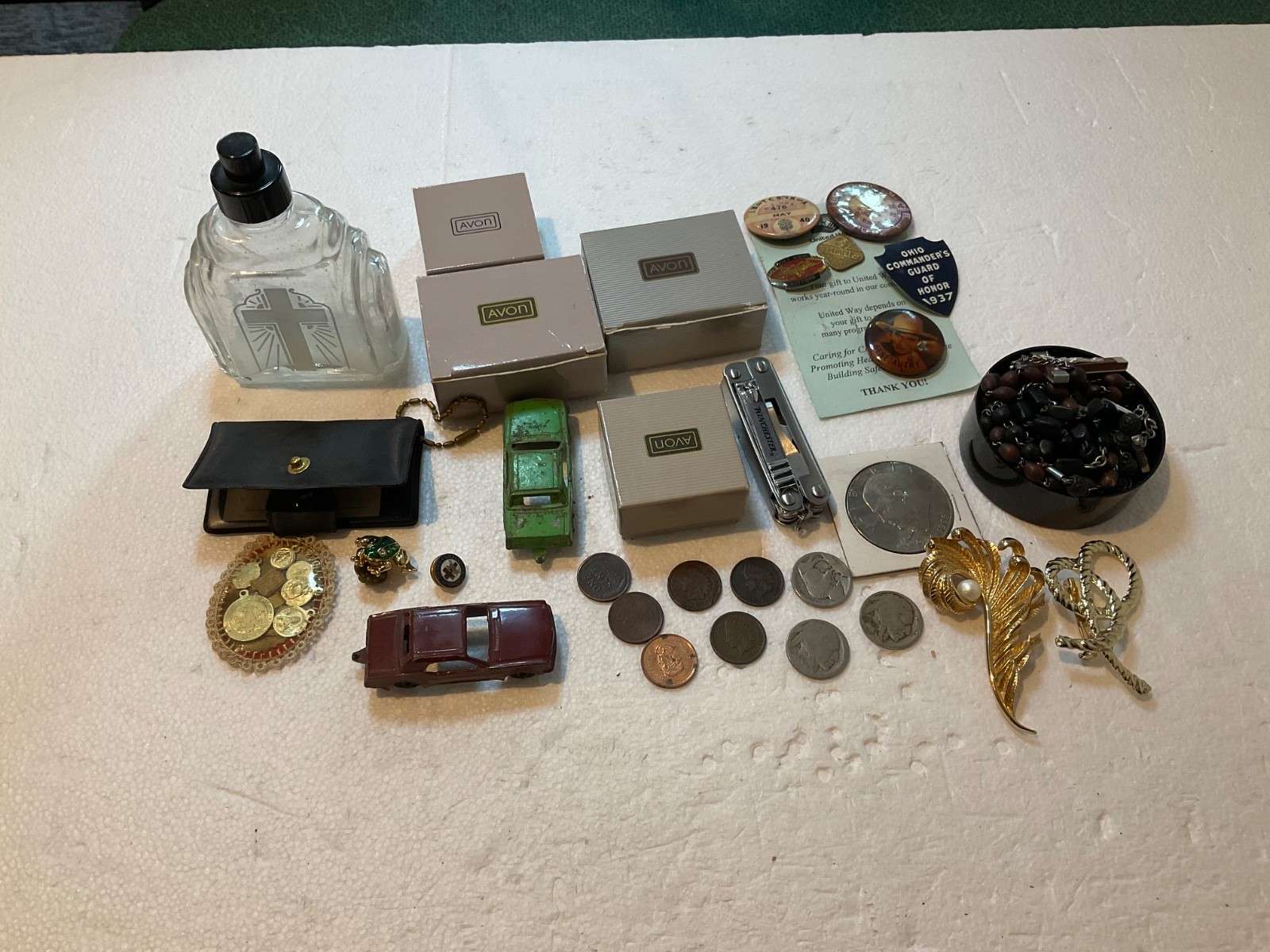 Junk Drawer Lot. Pins, Rosary Parts, Coins, Brooches, Avon Jewelry, Etc. #8