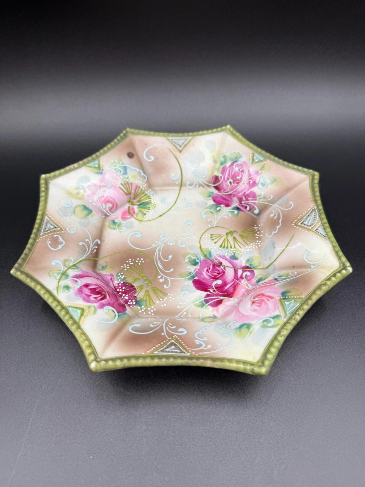 Hand-Painted Floral Octagon Bowl – Vintage Ceramic Trinket Dish