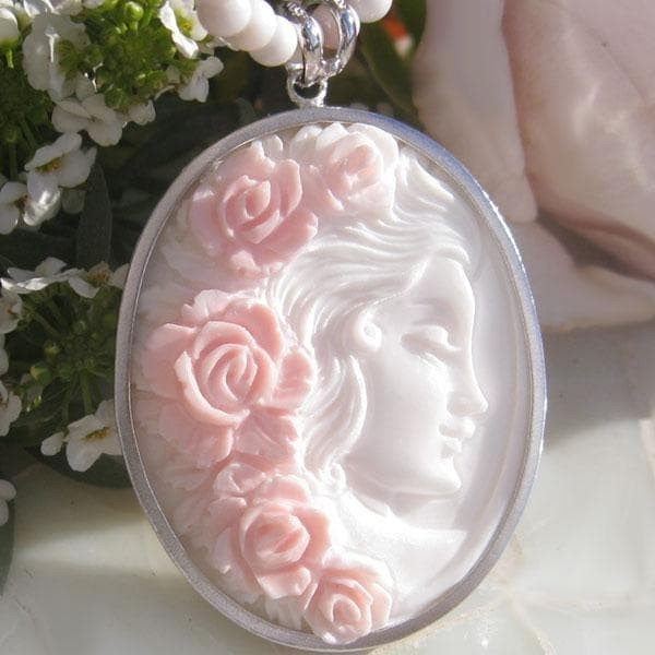 Romano Rose Cameo Pendant Pink Conch Shell Silver 35x28mm Used
