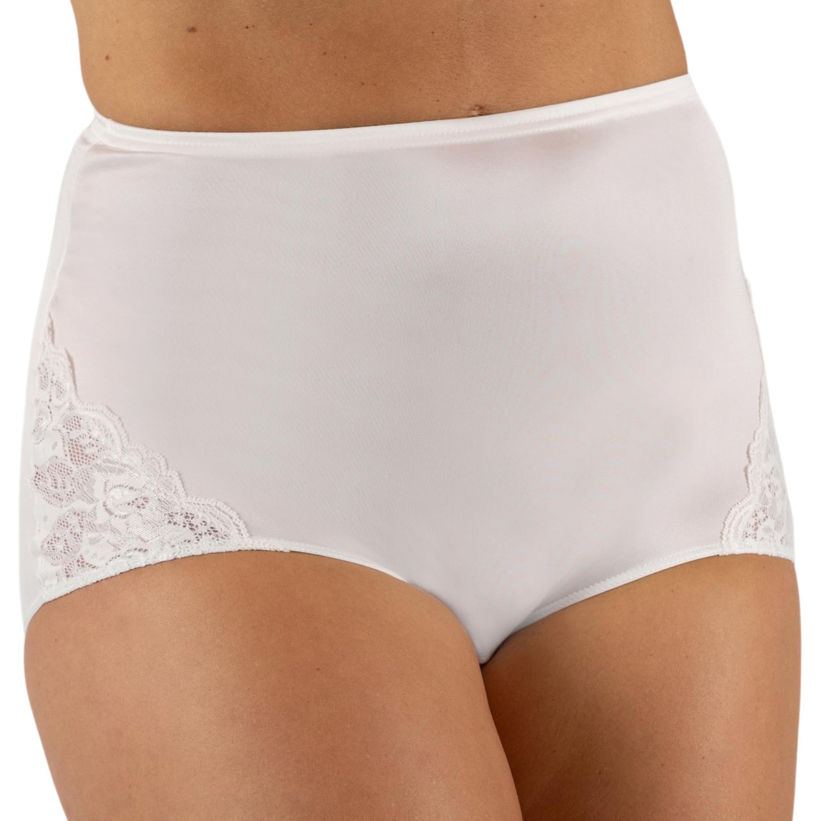 Shadowline Women’s Nylon Full Brief Panty with Lace, White