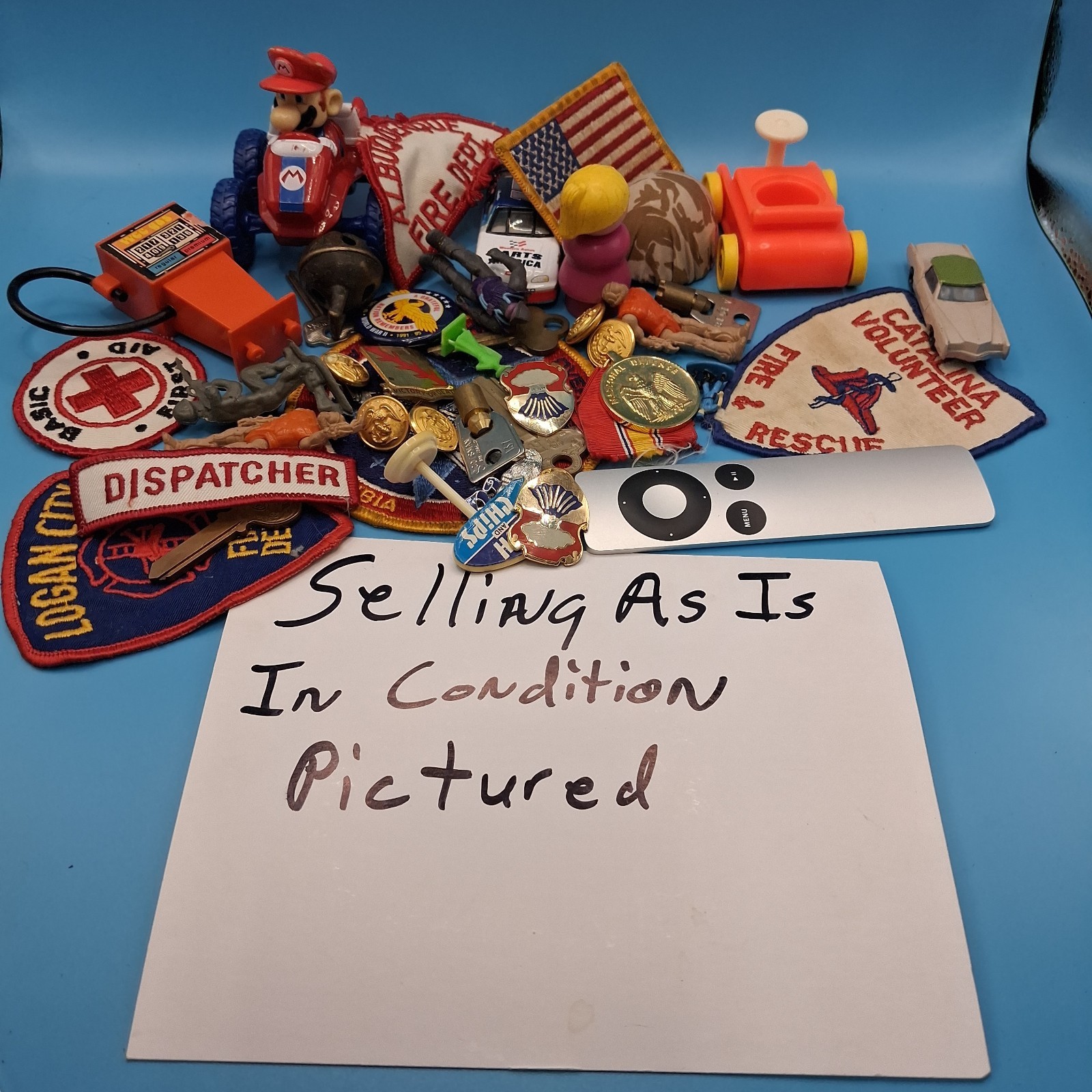 Junk Drawer Lot Mario,Patches, Military, Fire Dept, Medal, Apple Remote…