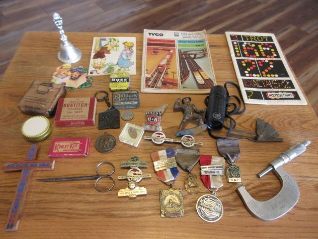 30 Pc Junk Drawer Lot Collectibles Medals Tools Tins Advertising