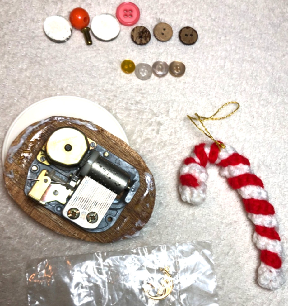 Junk Drawer Lot Crocheted Candy Cane Ornament Spinning music box Send In the clo