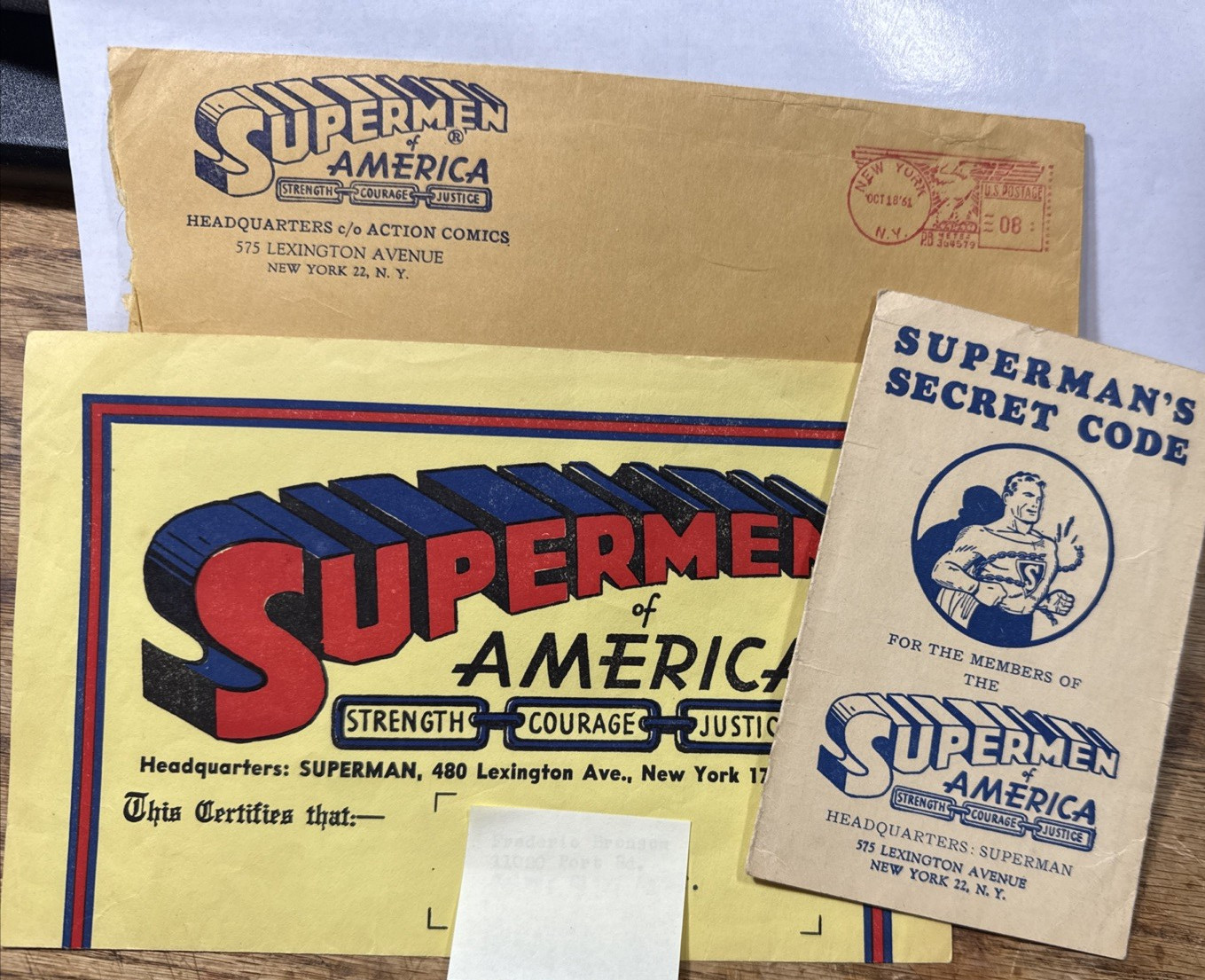 Rare 1950s Supermen of America Club Certificate, Secret Code, Rare Pinback, MORE