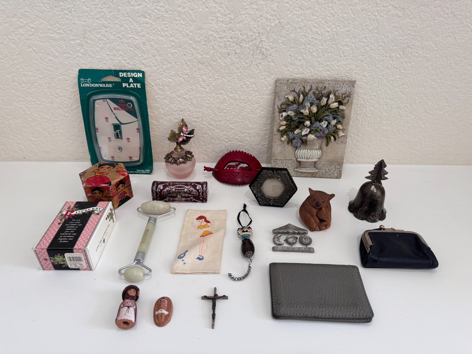 Vintage Drawer Junk Lot Mixed Decor Trinkets Religious Art Jewelry Box Soap More