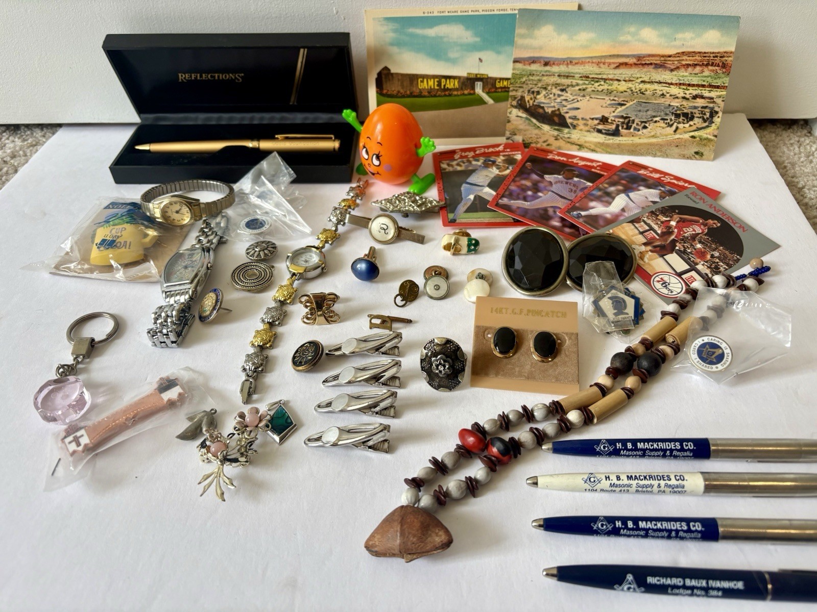 Vintage Estate junk drawer lot pins Watches jewelry Postcards Tie Bar Pens 46+