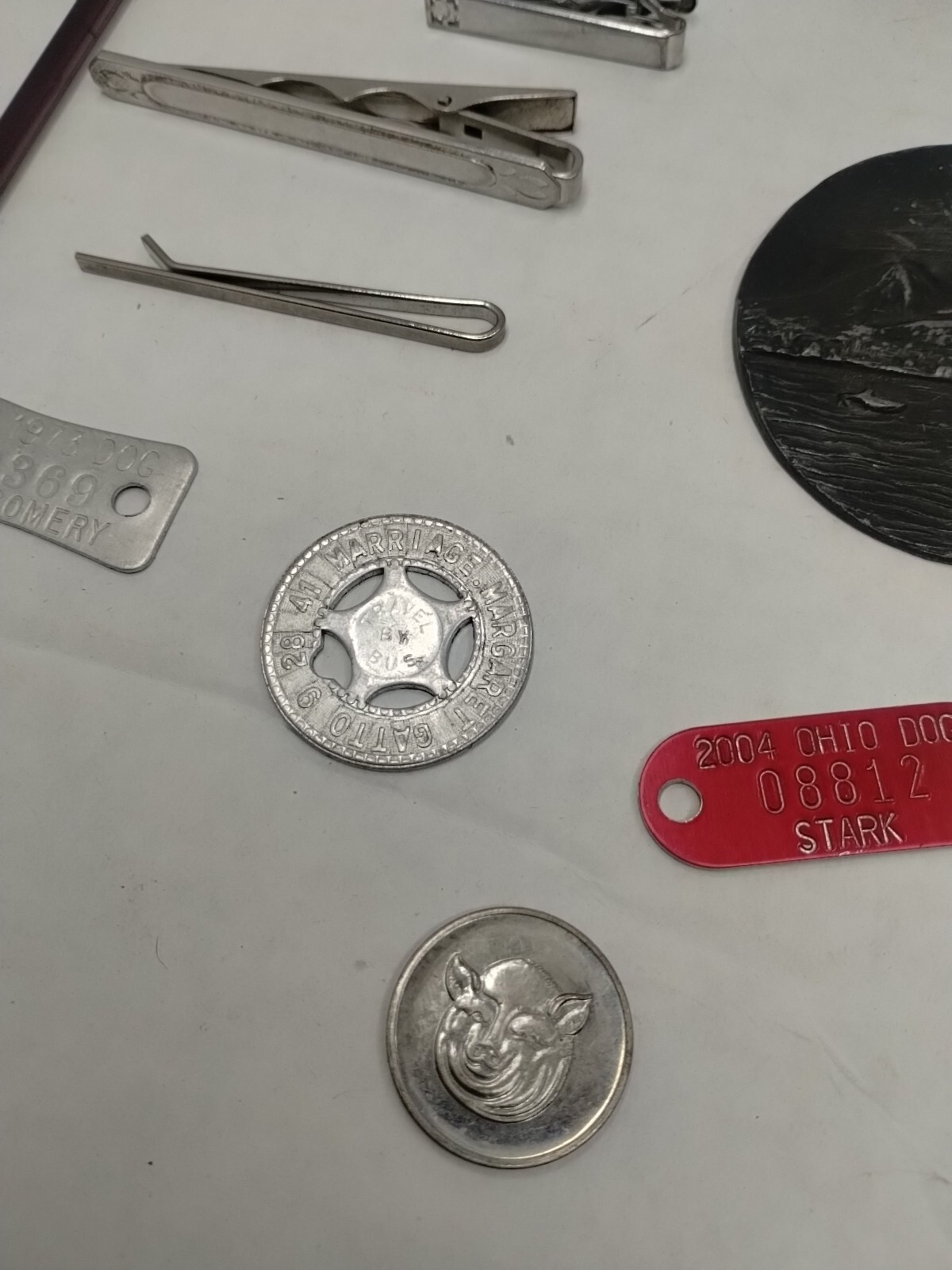 Vintage Junk Drawer Lot Advertising Rings Tokens Key Dog License Tie Clip #11