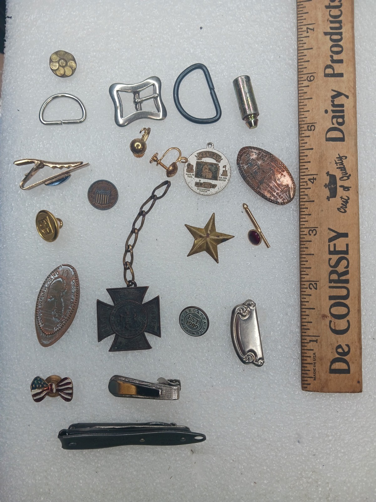 Vintage Junk Drawer Lot Military Medal Pins Tokens Tie Clips Coins Gem Jr…