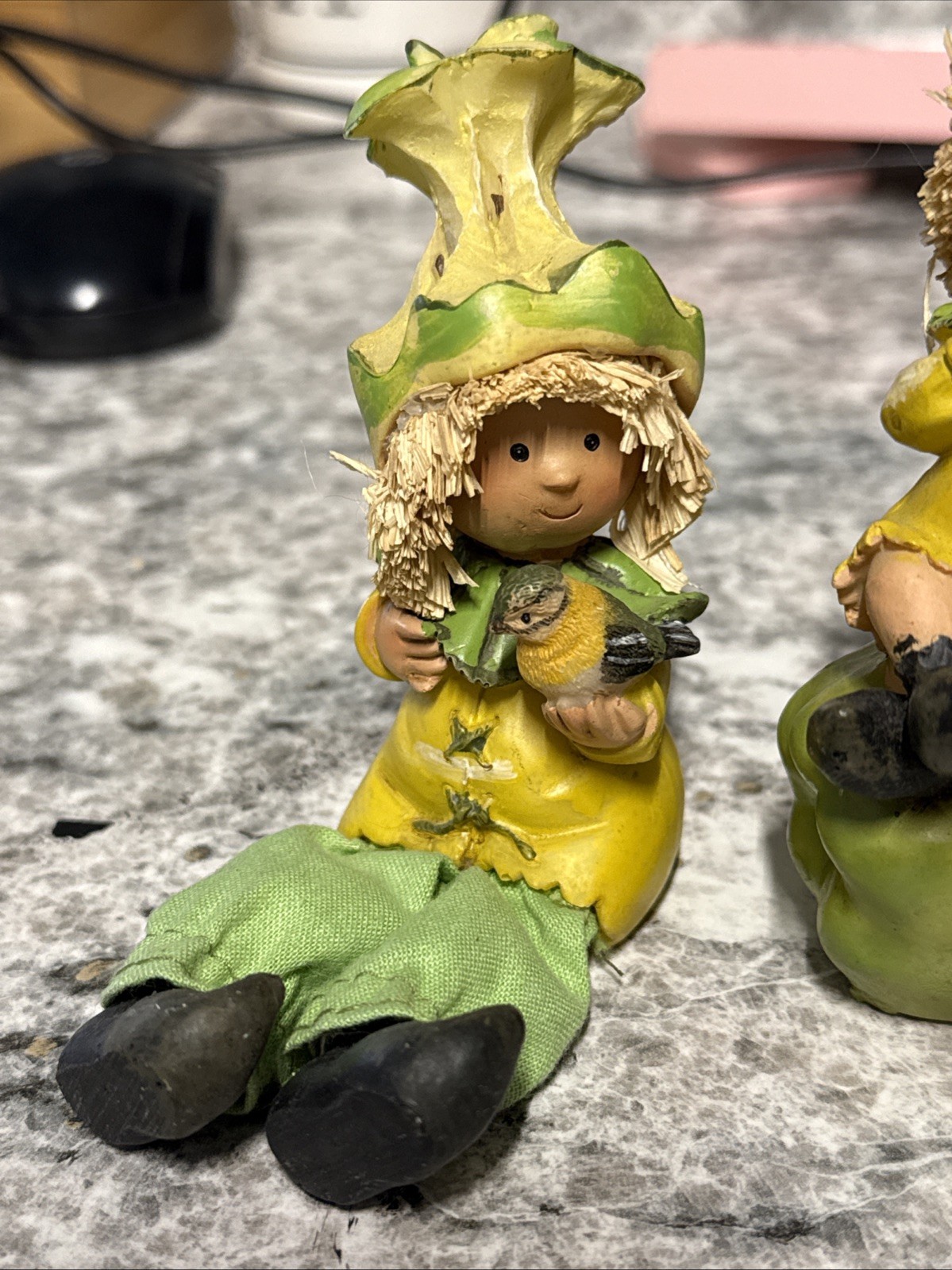 Vintage SET Resin Elf Figurine w/ Bird on Green Apple, Whimsical Decor (4.75″)