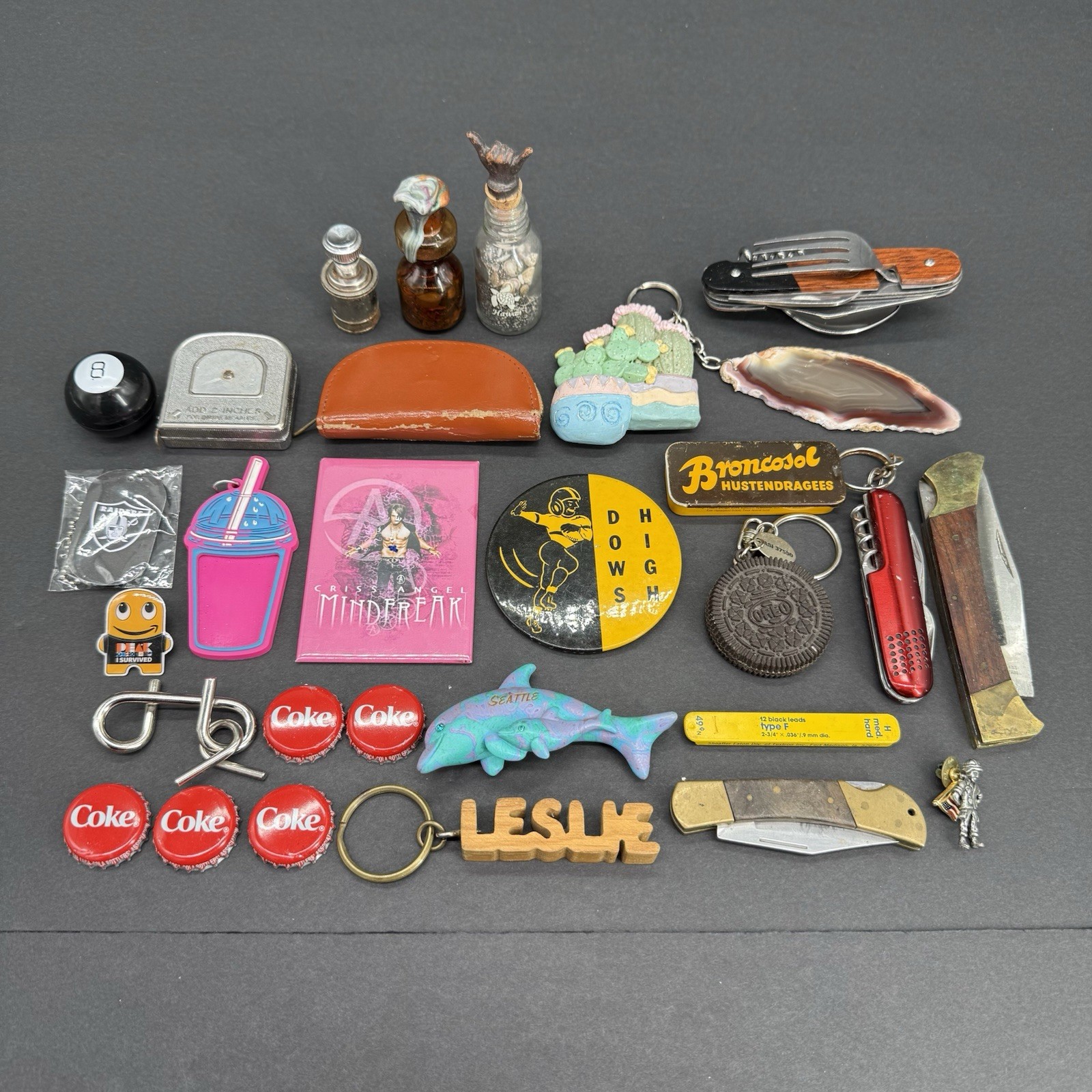 Grandpa’s Junk Drawer Lot Pocket Knives Magnets Keychains Buttons Bottles +