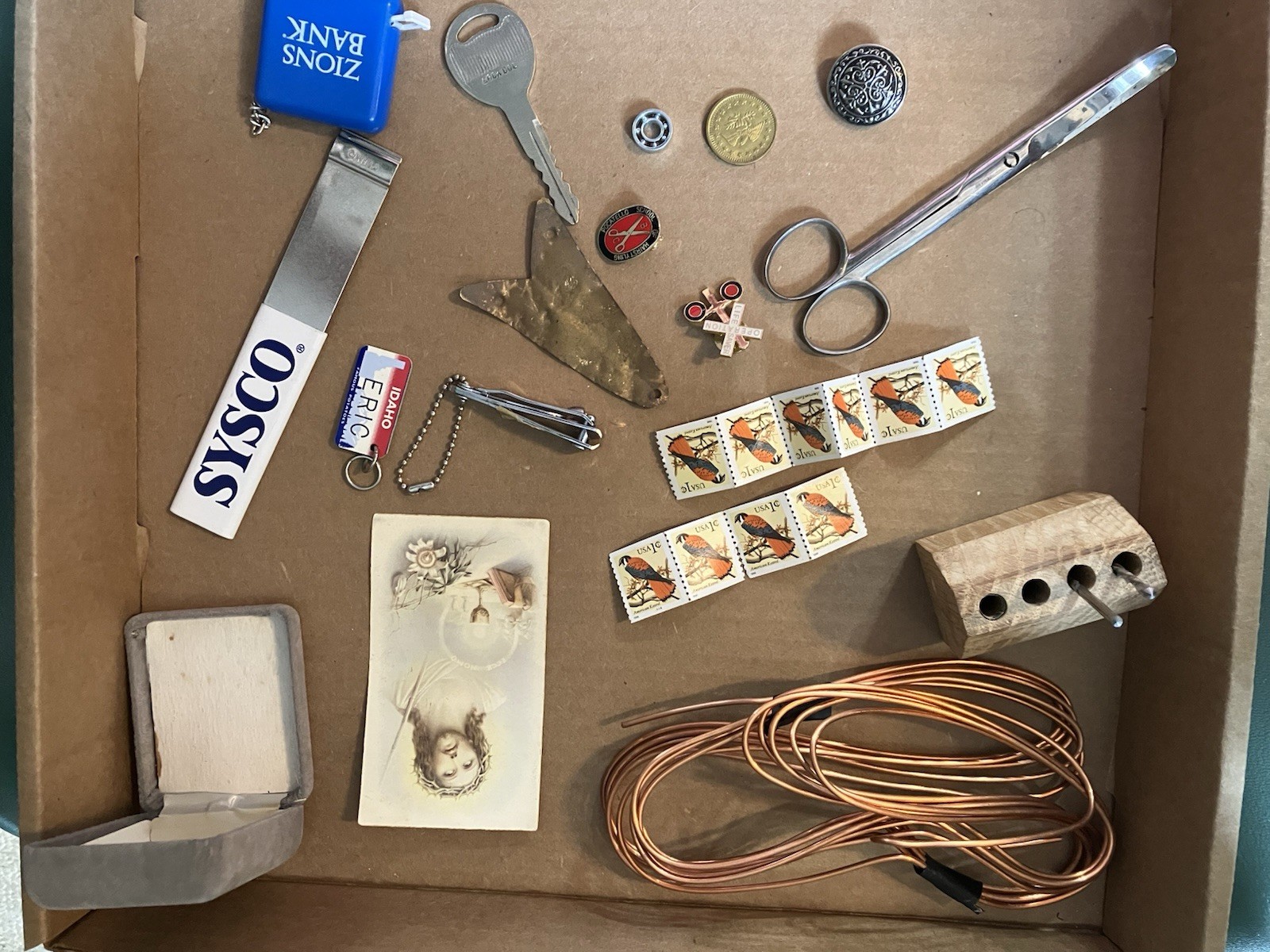 Cigar Box Vtg Junk Drawer Lot Locks Keys, Tokens, Pennies , Stamps, Lot 3