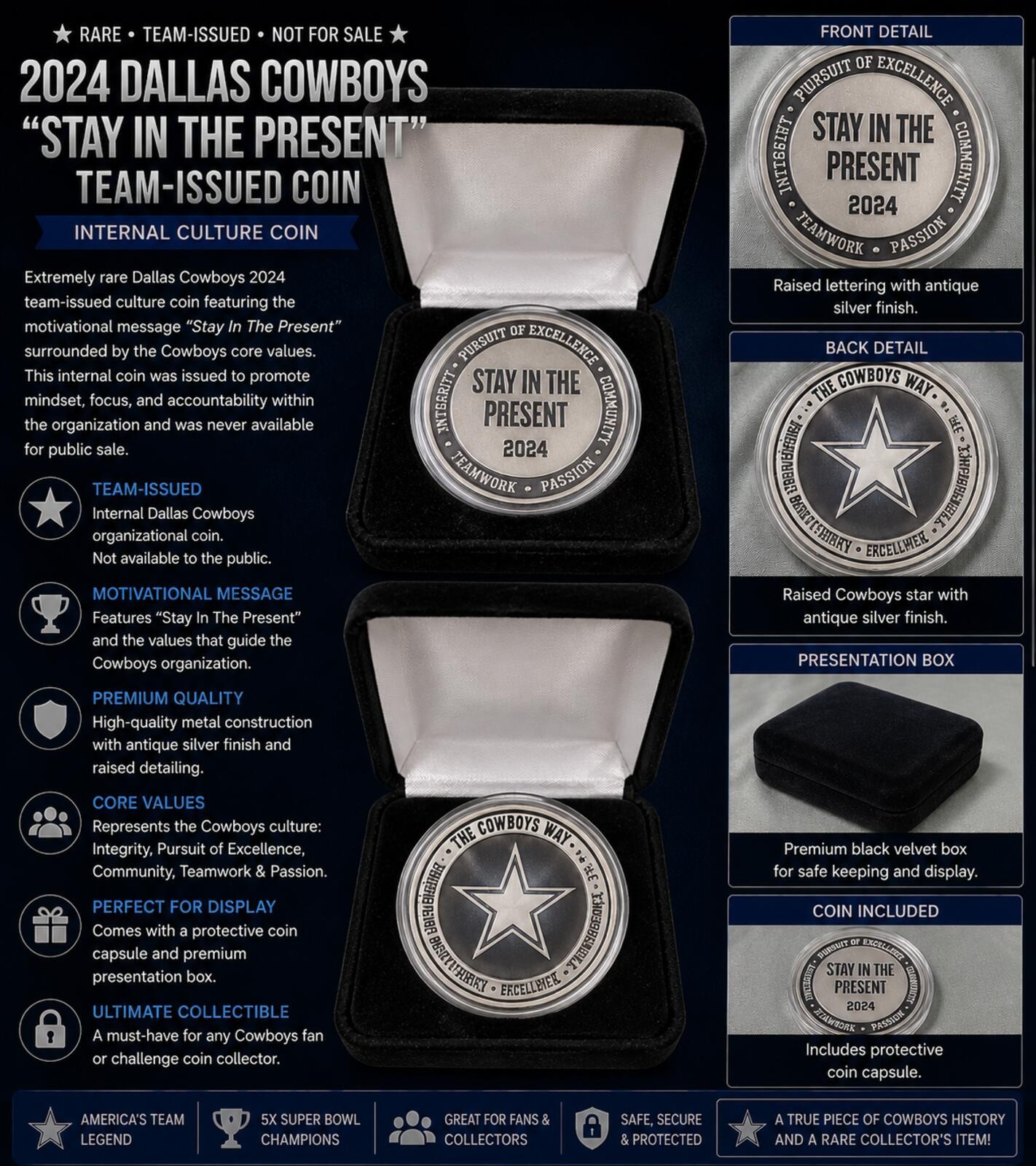 Rare Dallas Cowboys 2024 “Stay In The Present” Team-Issued Coin