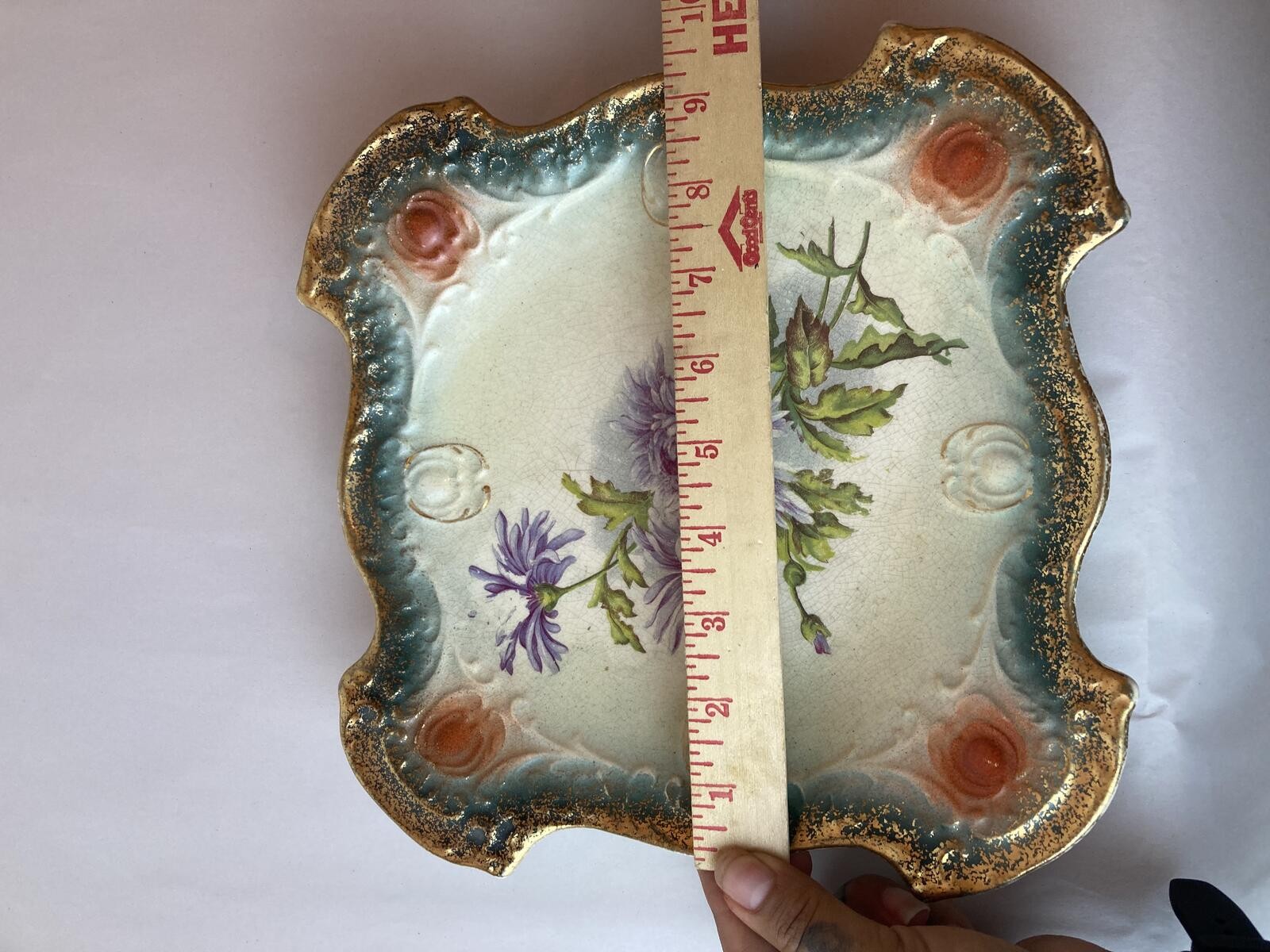Hand-Painted Porcelain Cabinet Plate Purple Chrysanthemums Gold Gilt Teal Edge
