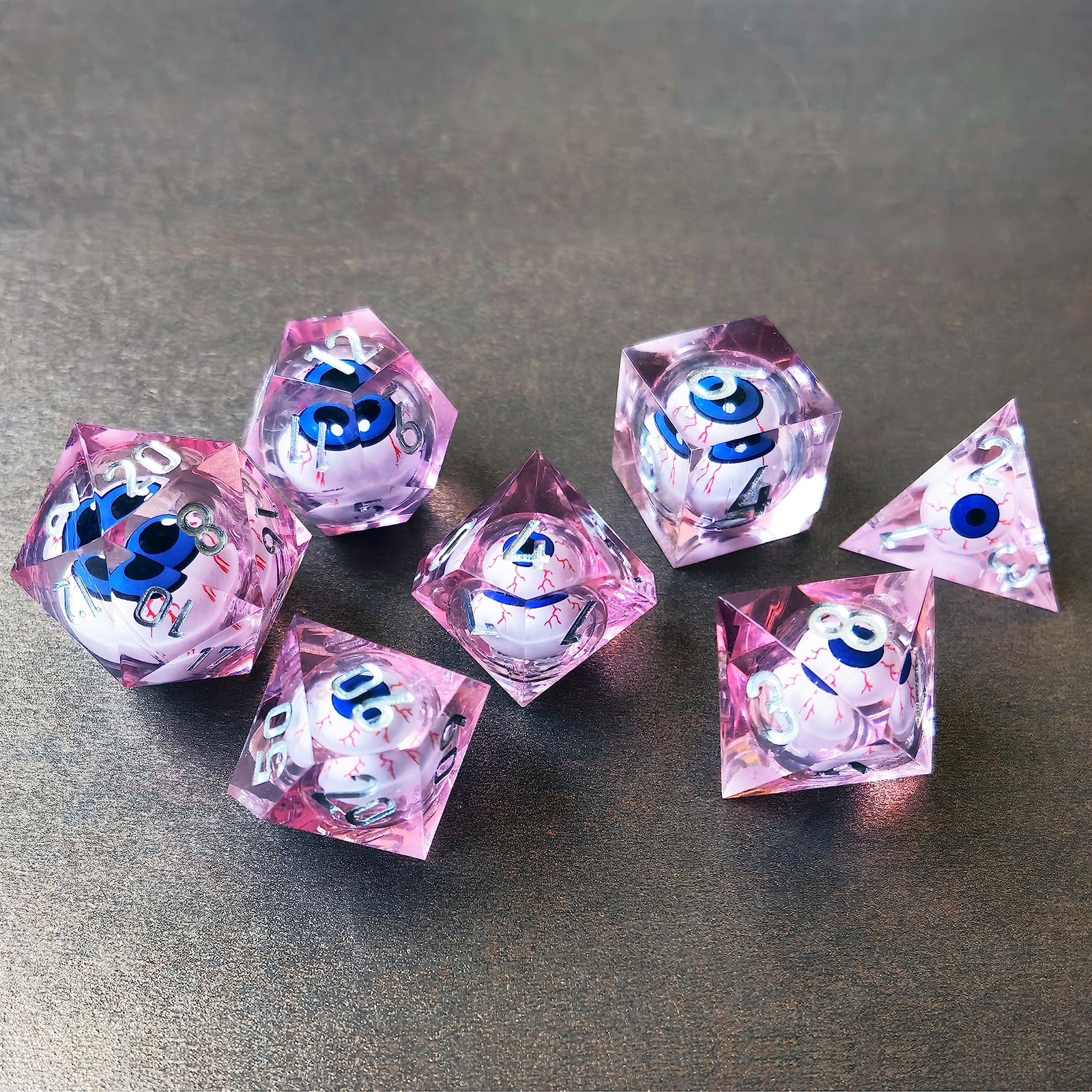 BESCON Liquid Core Eyeball Dice Set, 7pcs Pink RPG Dice with Blue Eye
