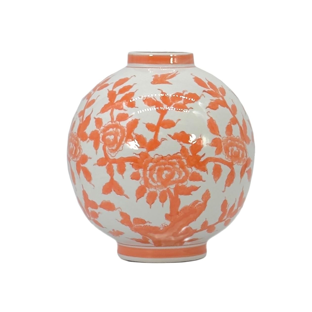 Galt International Chinoiserie Ceramic Globe Vase 12″, Orange White Floral Round