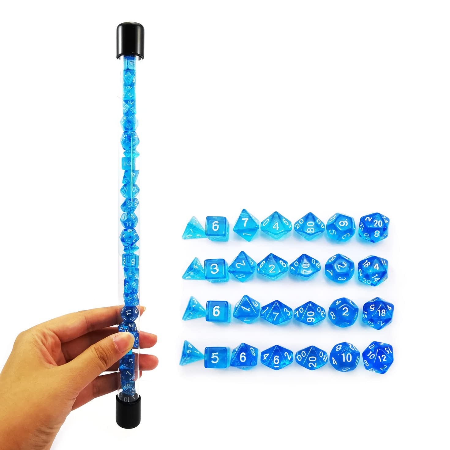 Bescon 28-Pc Translucent Blue Mini Polyhedral Dice Set for D&D, 4x7pcs Tube