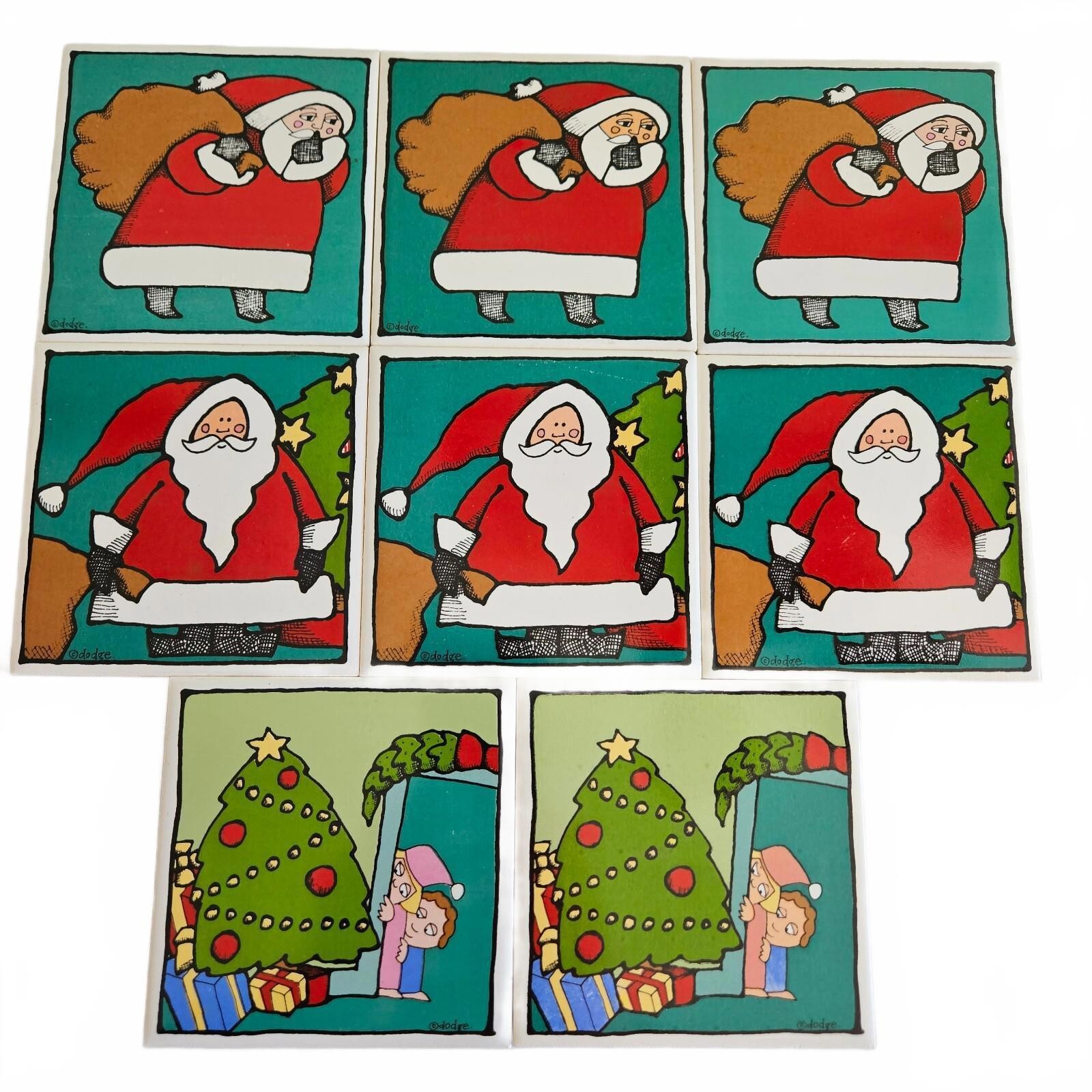 Ursula Dodge Christmas Tile Coasters set 8 Santa Tree Kids Vibrant Colors Whimsy