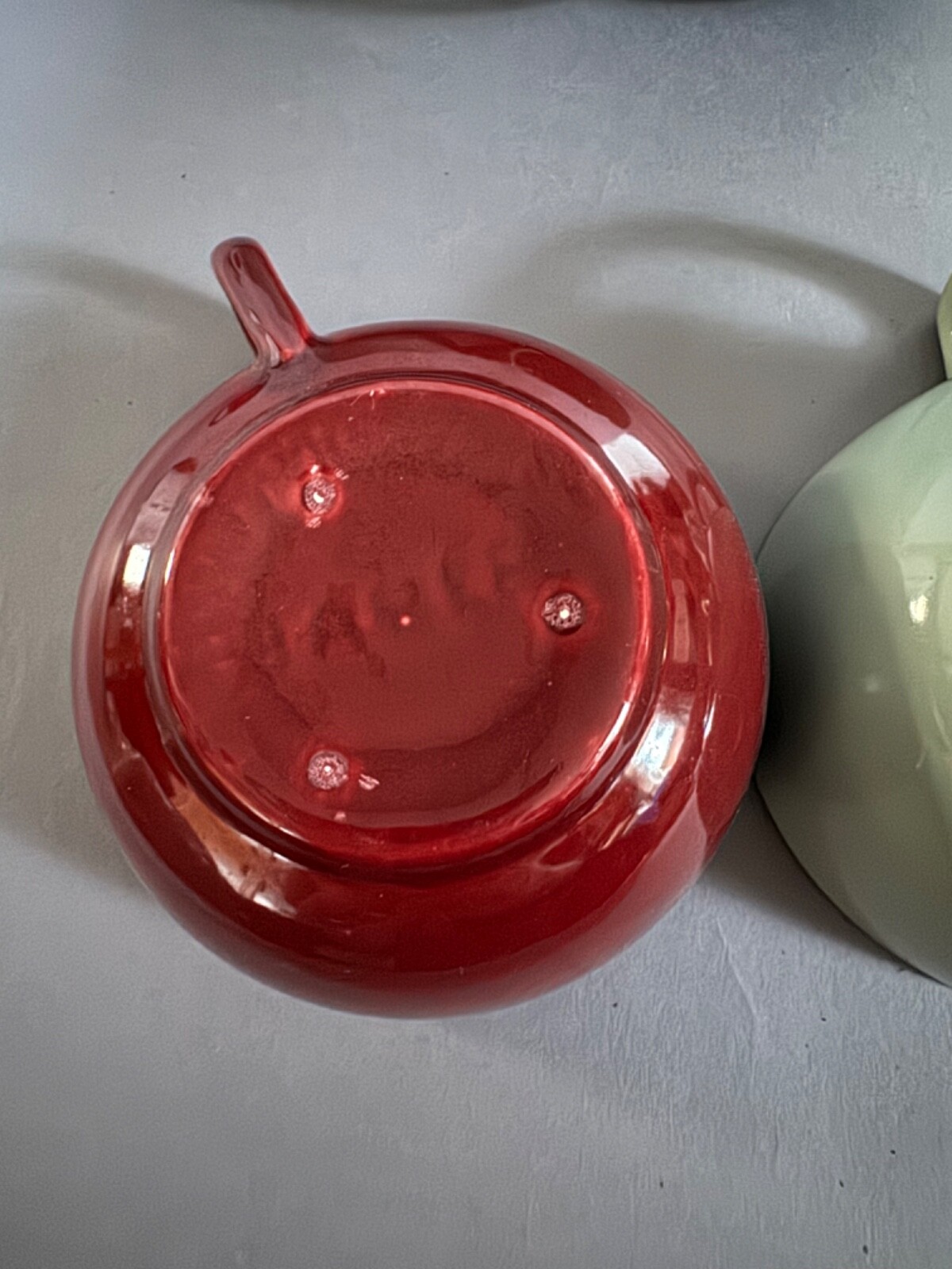 Nine Vintage MCM Bauer Tea Cups – deep red, light blue, and dark green