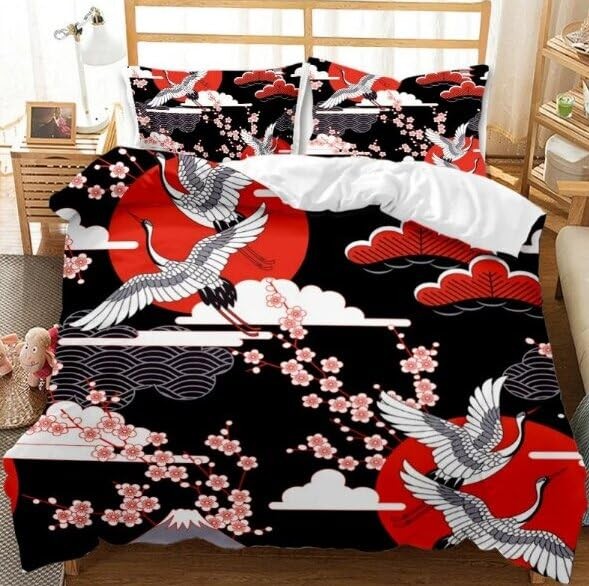 Urban Tokyo Crane Cherry Blossom Duvet Cover Set King Red Black