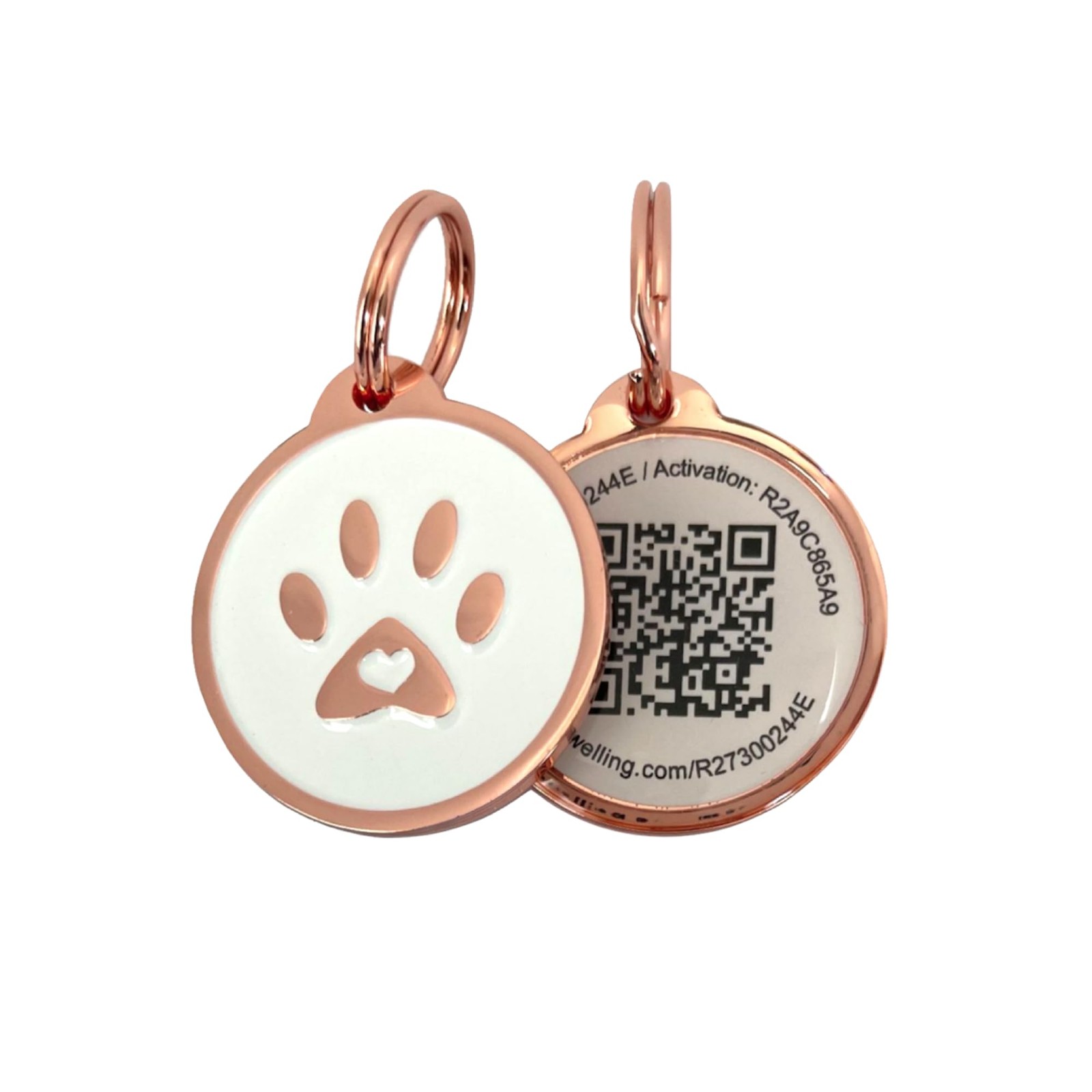 Pet Dwelling 2D QR Code Pet ID Tag, Dog & Cat Tags, Rose Gold White Paw