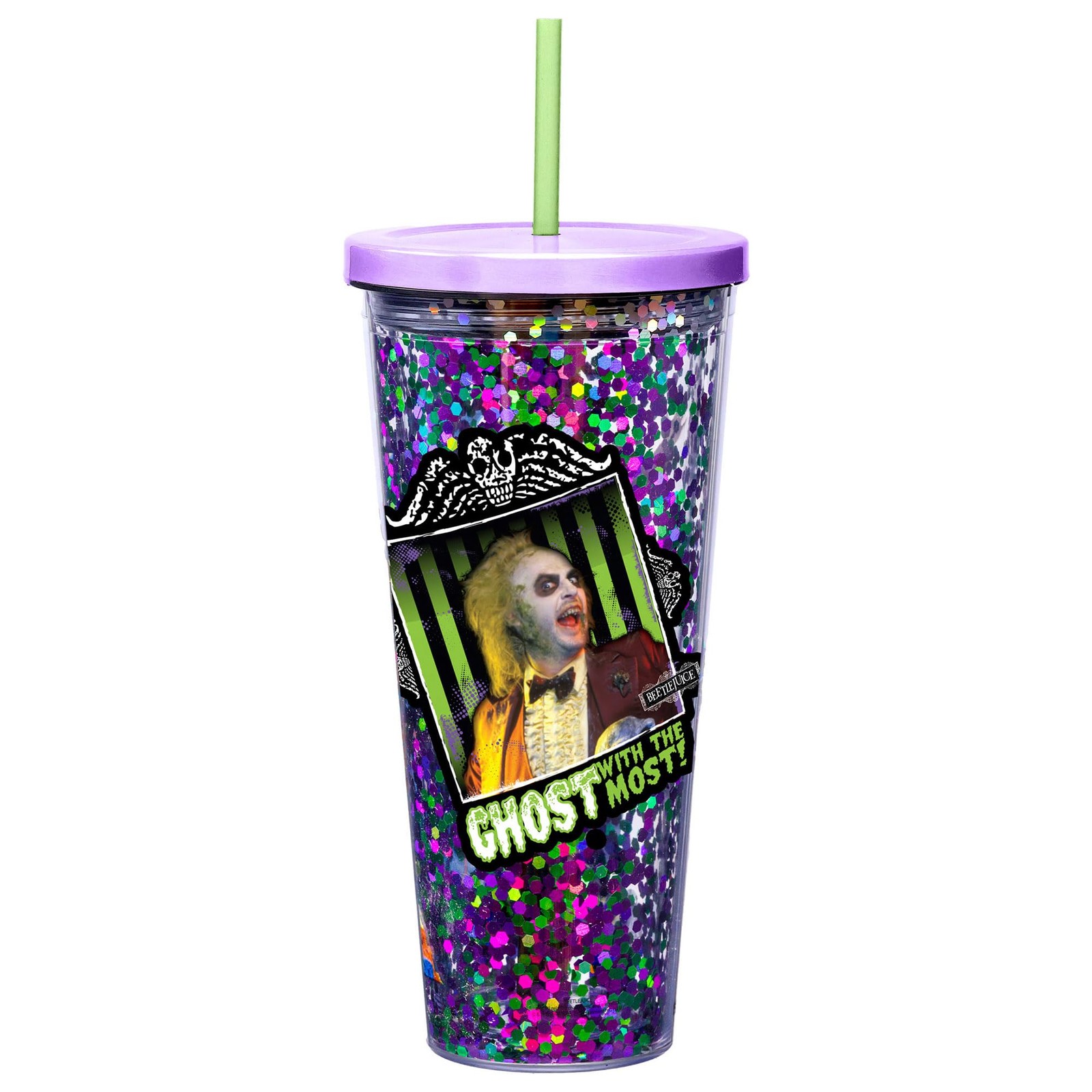 Spoontiques 32oz Glitter Acrylic Tumbler with Straw, BPA-Free, Beetlejuice