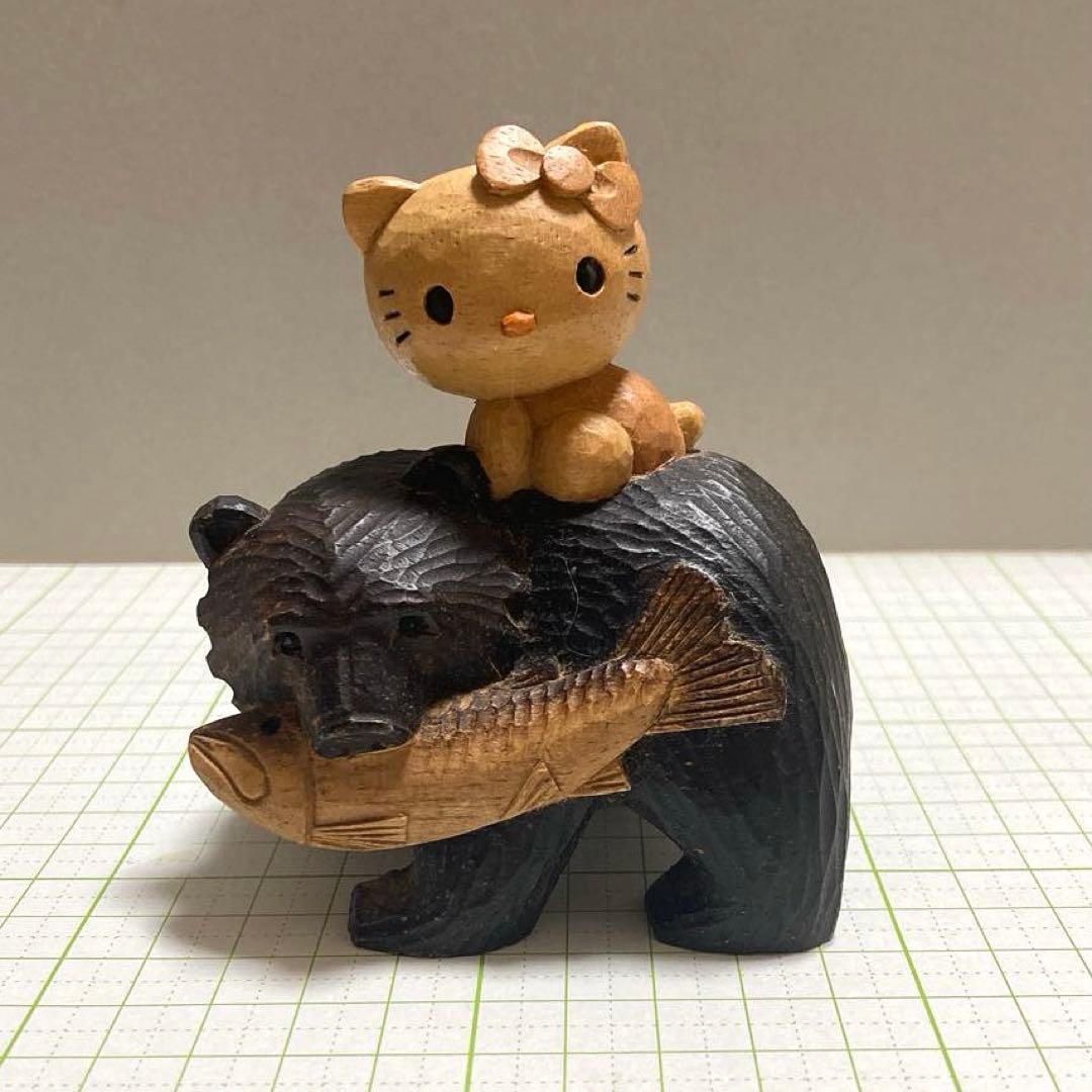 Sanrio Hello Kitty Carving Figurine Bear Wooden Japan Home Decor