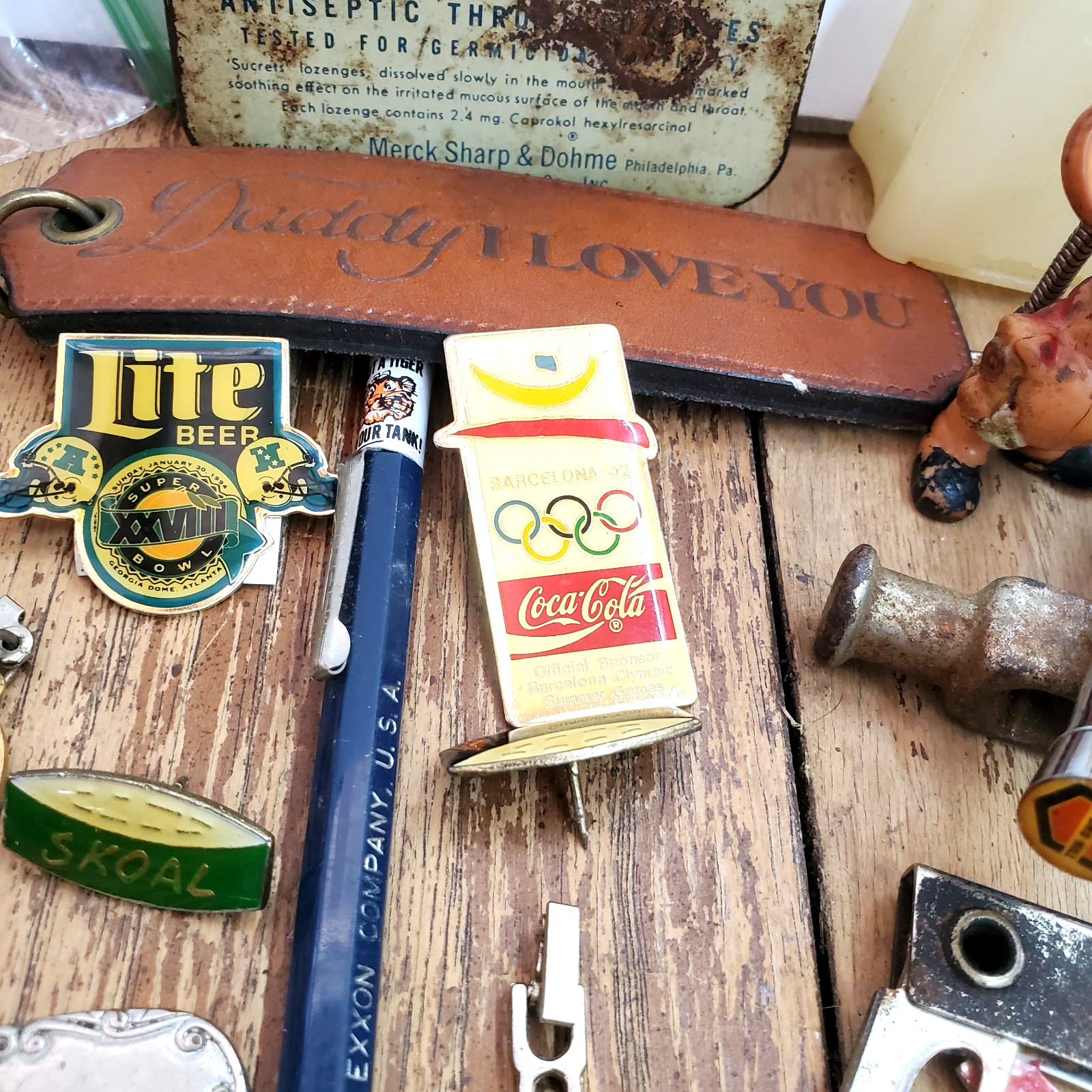 Antique Vintage Junk Drawer Lot Pin Backs, Tins, Stamps, Trinkets, Pens & more