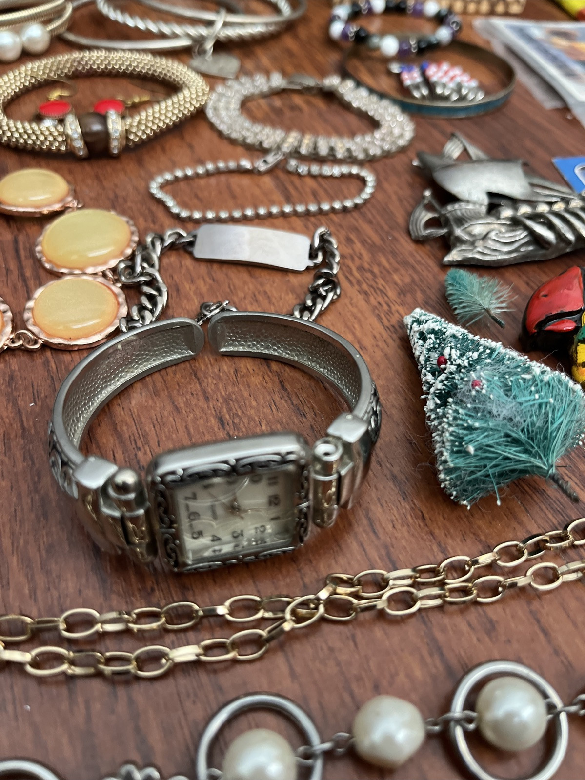 Junk Drawer Lot Vintage Jewelry Bracelets Trading Cards Brooches Misc.