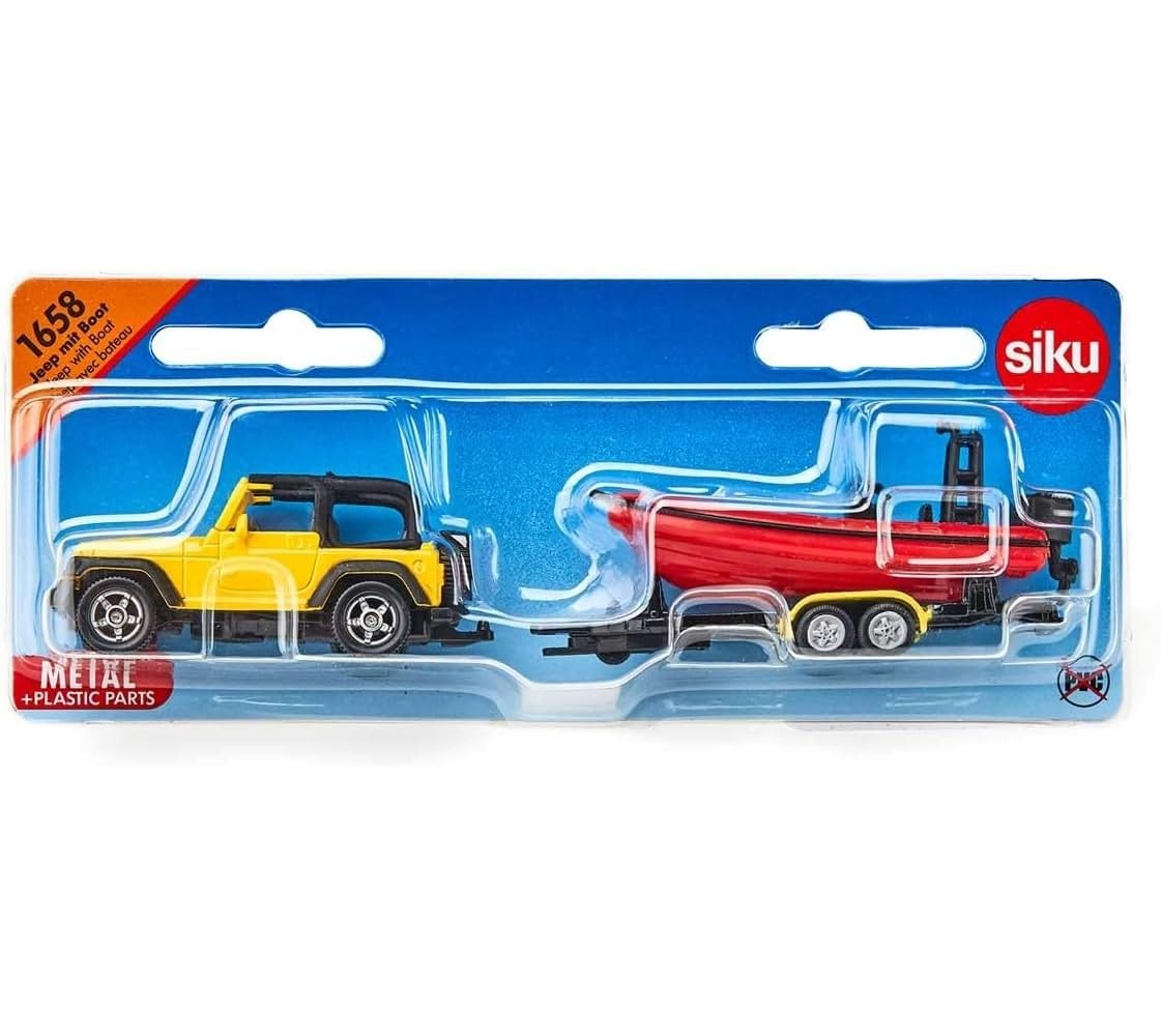 SIKU 1658 Jeep with Removable Trailer & Floatable Boat, Yellow/Red