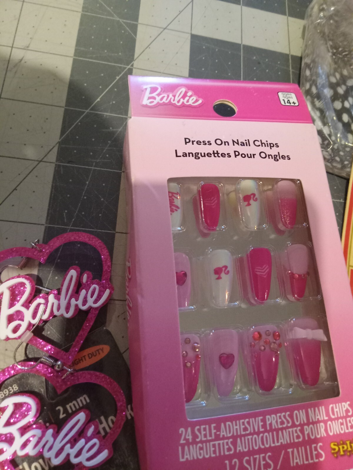 Junk Drawer Lot 20 Items Including Barbie Earrings And Press On Nails, Dice….