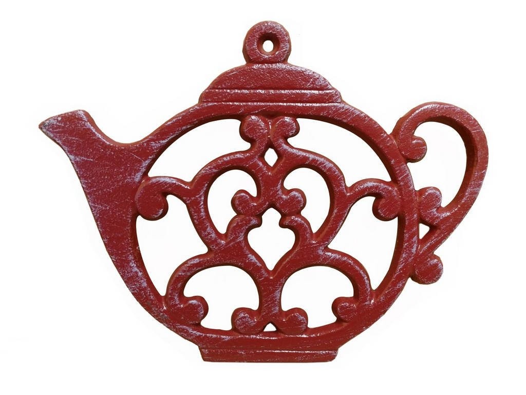 Rustic Red Whitewashed Cast Iron Round Teapot Trivet 8″ – Teapot Decoration –