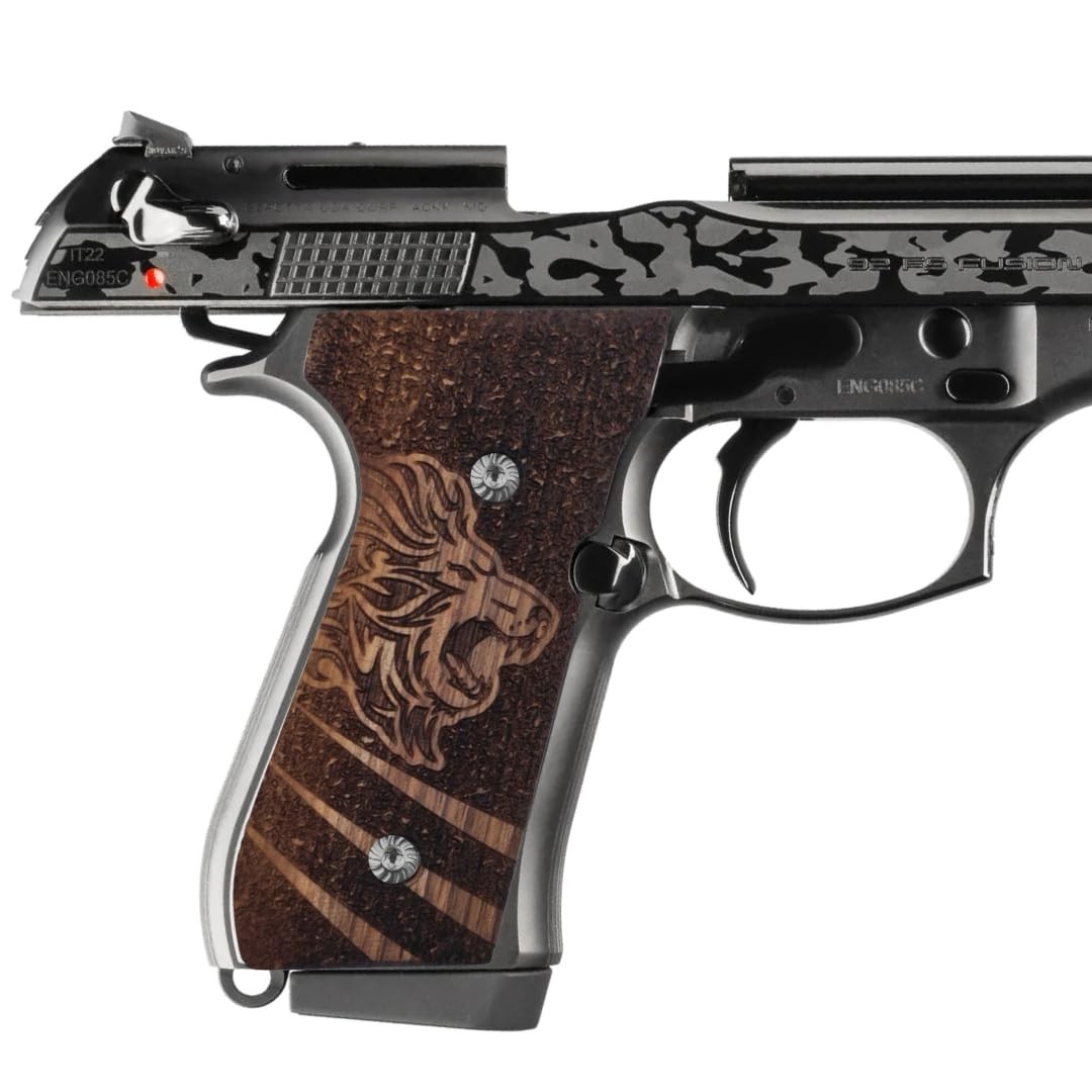 Zib Custom Wood Grips for Beretta 92/M9 Series Pistols, Art Lion Design