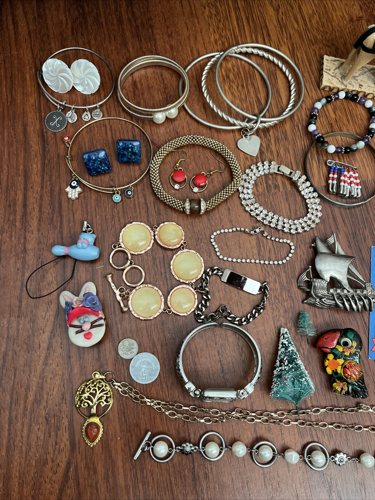 Junk Drawer Lot Vintage Jewelry Bracelets Trading Cards Brooches Misc.