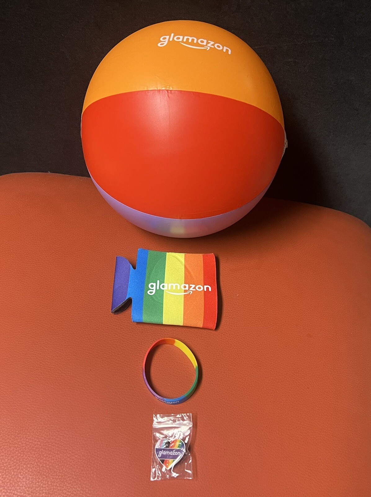 New Lot 4 pc Amazon Swag Glamazon Rainbow Peccy Pin Wristband Coozie Beach Ball