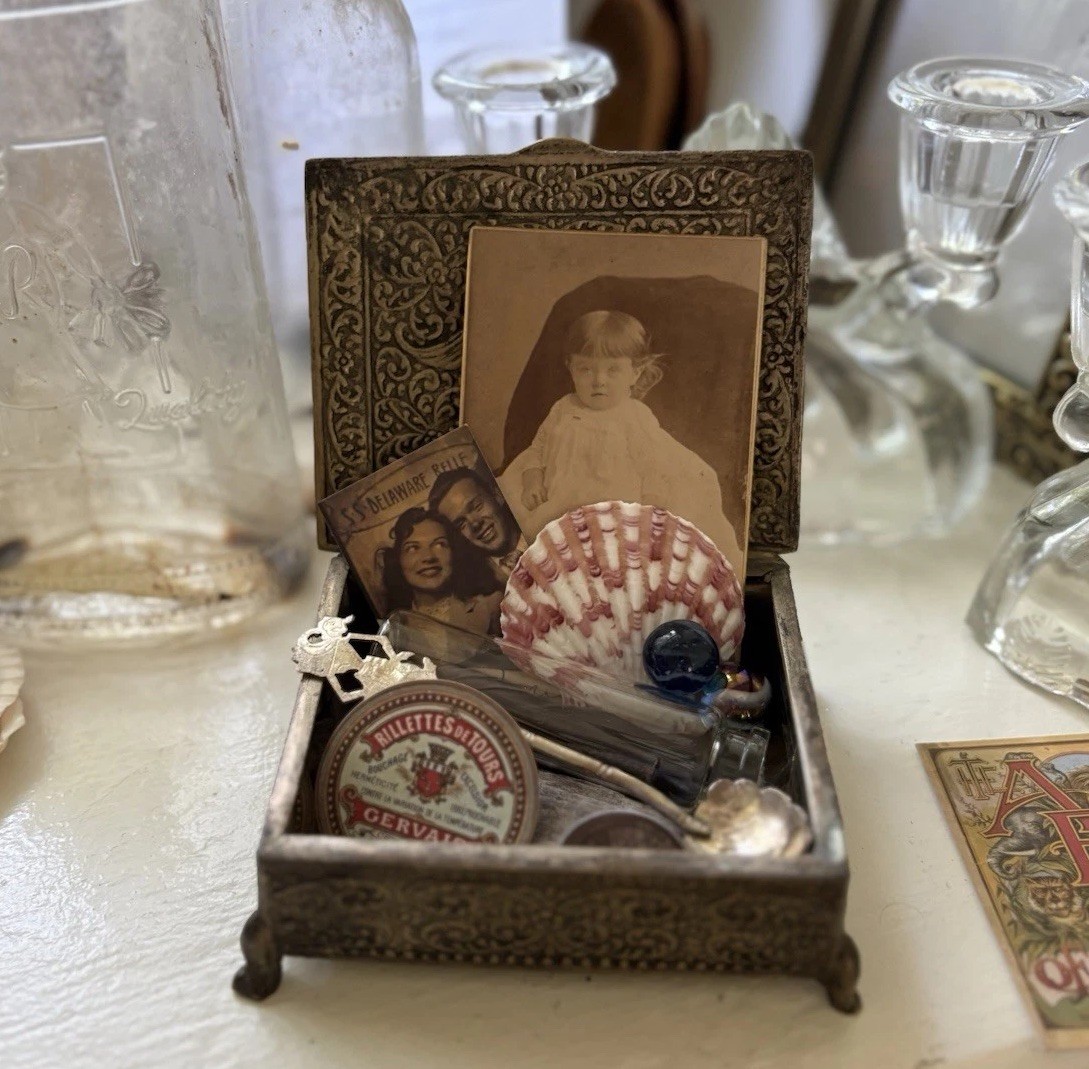 Vintage Metal Mystery Curiosity Box with antique Trinkets and Collectibles
