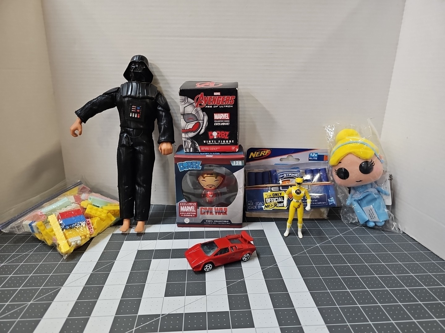 Flea Market Junk Drawer Lot of Toys Darth Vader Captain America Dorbx Lego Nerf
