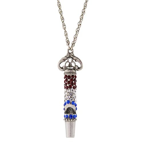 1928 Jewelry Antique Silver Whistle Pendant Necklace Red White Blue 30″