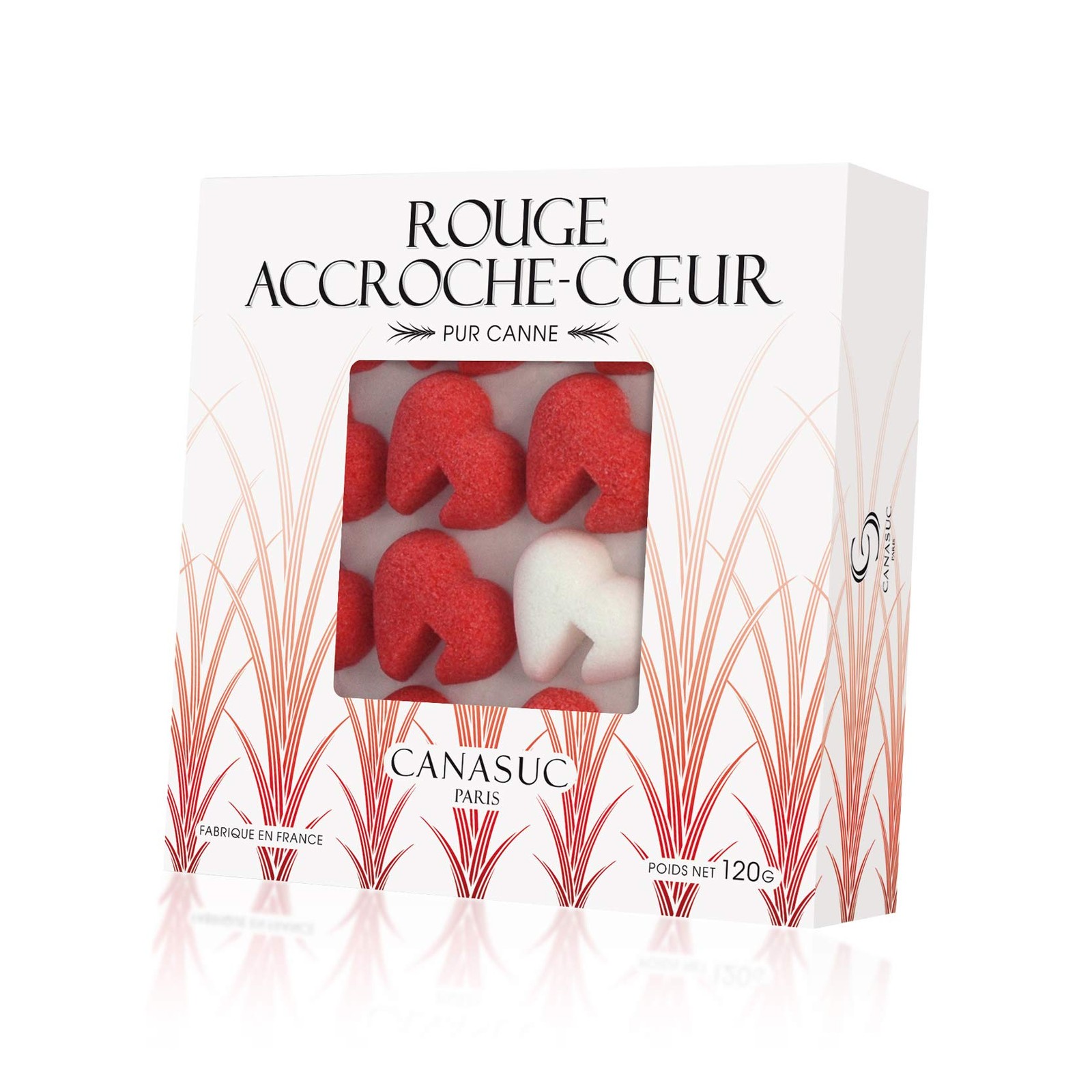 Canasuc Paris Window Box, 32 Red & White French Molded Sugar Hearts, 3.35 oz